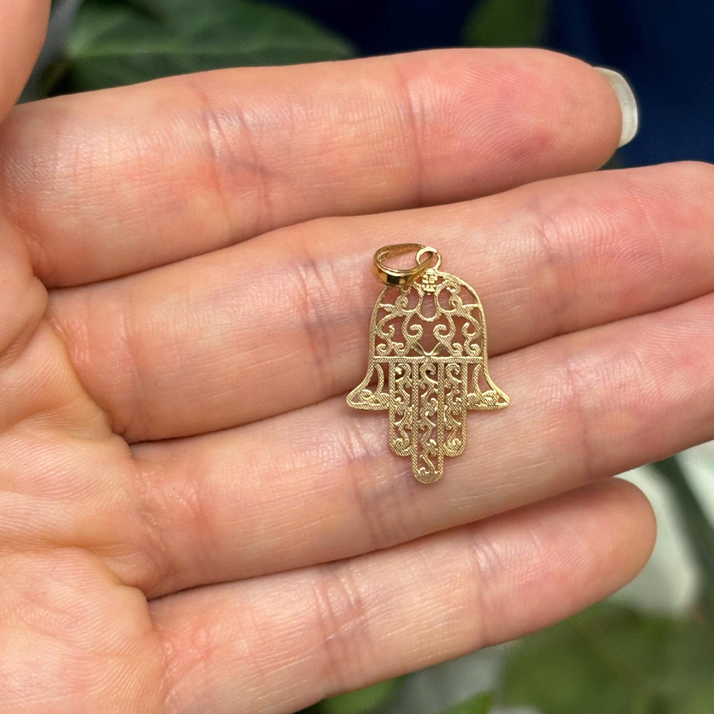 10K Yellow Gold Hamsa Chamseh Detailed Filigree Pendant