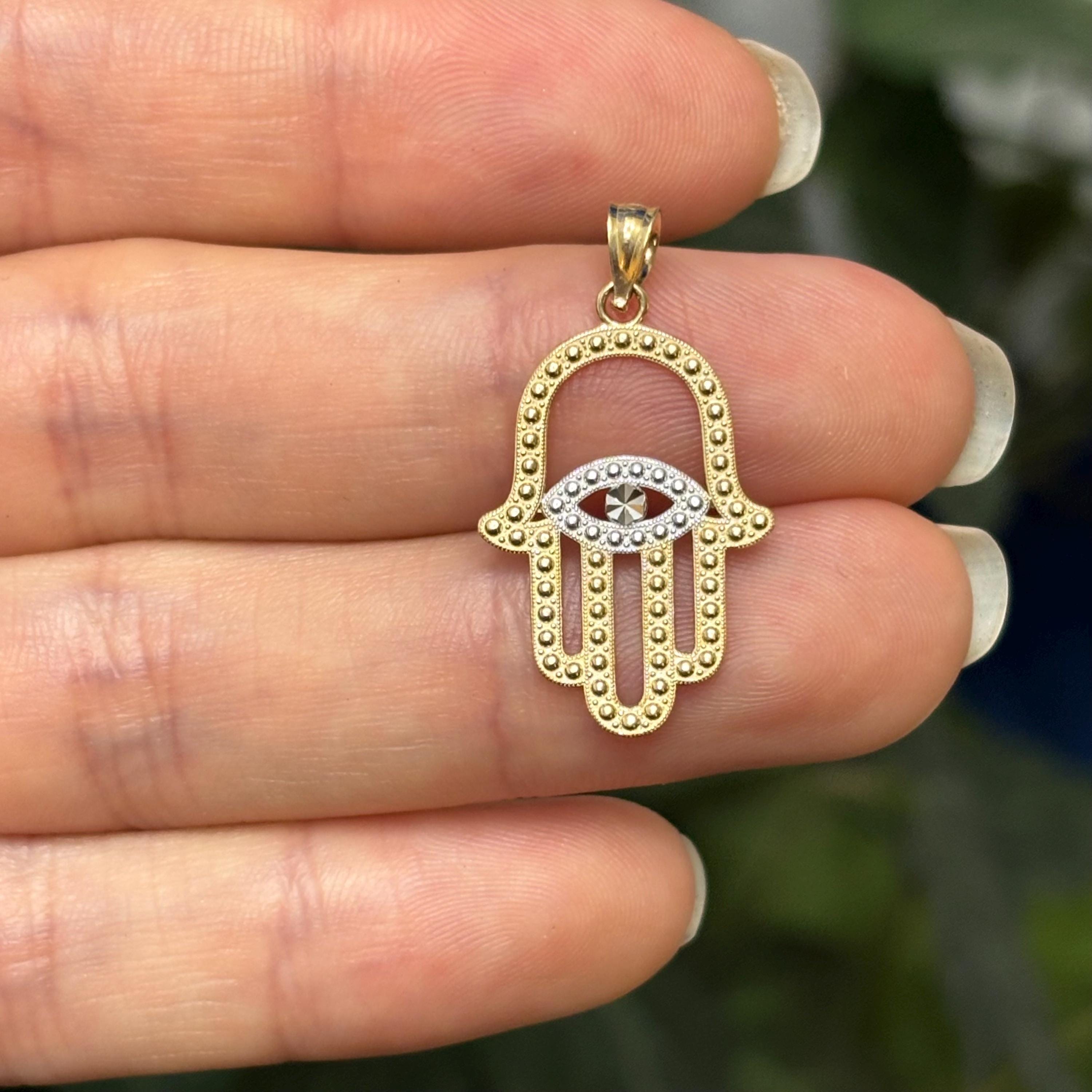 14K Yellow Gold Hamsa Chamseh Detailed Filigree Pendant Two Tone