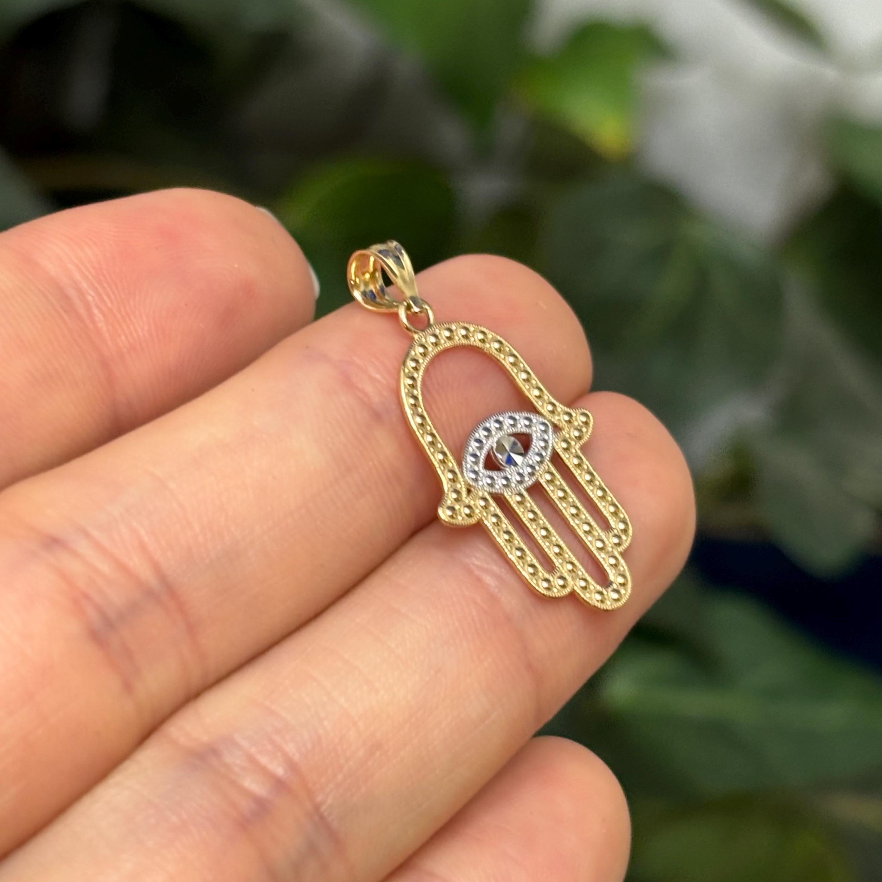 14K Yellow Gold Hamsa Chamseh Detailed Filigree Pendant Two Tone