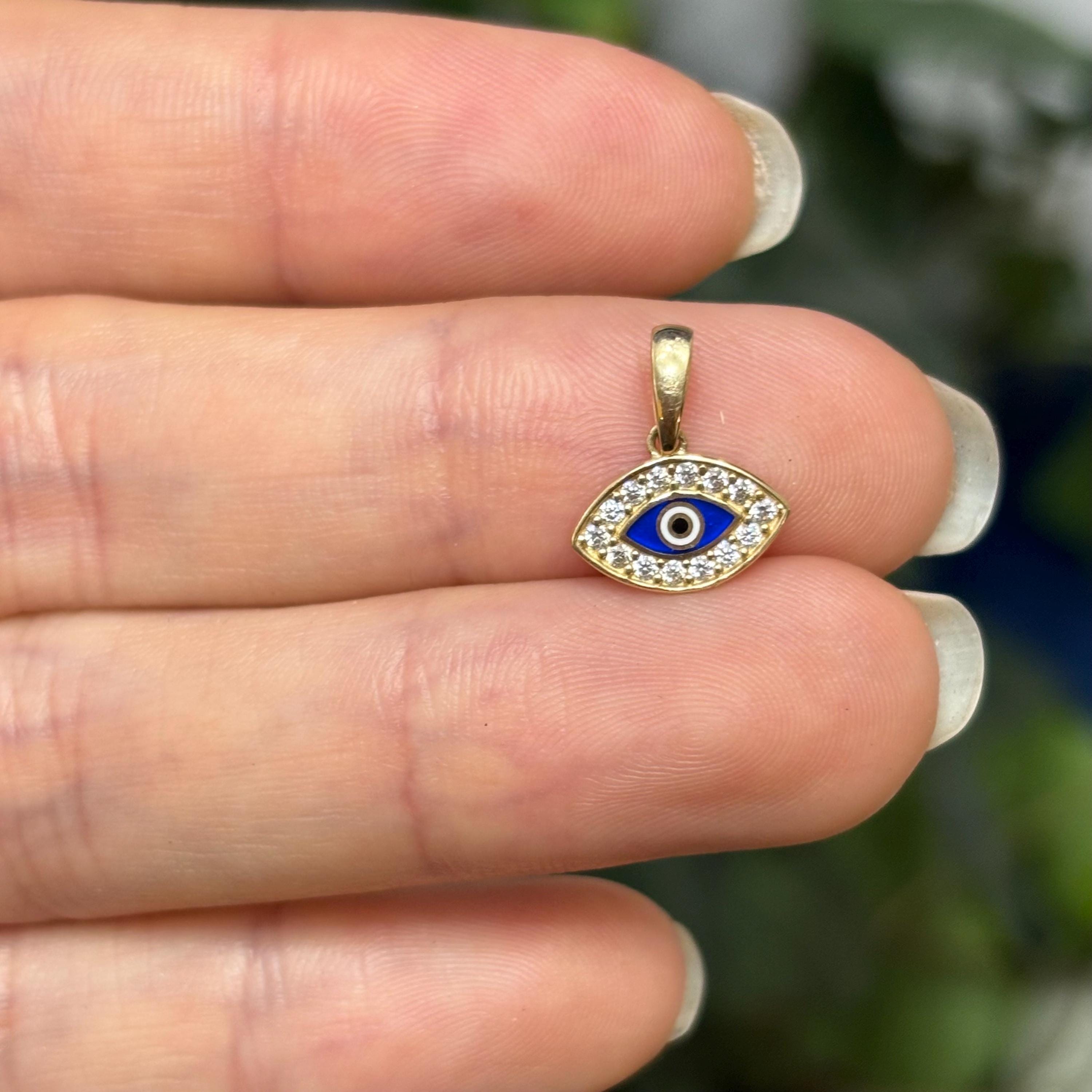 14K Yellow Gold with CZ Stones and Enamel Evil Eye Detailed Pendant Small