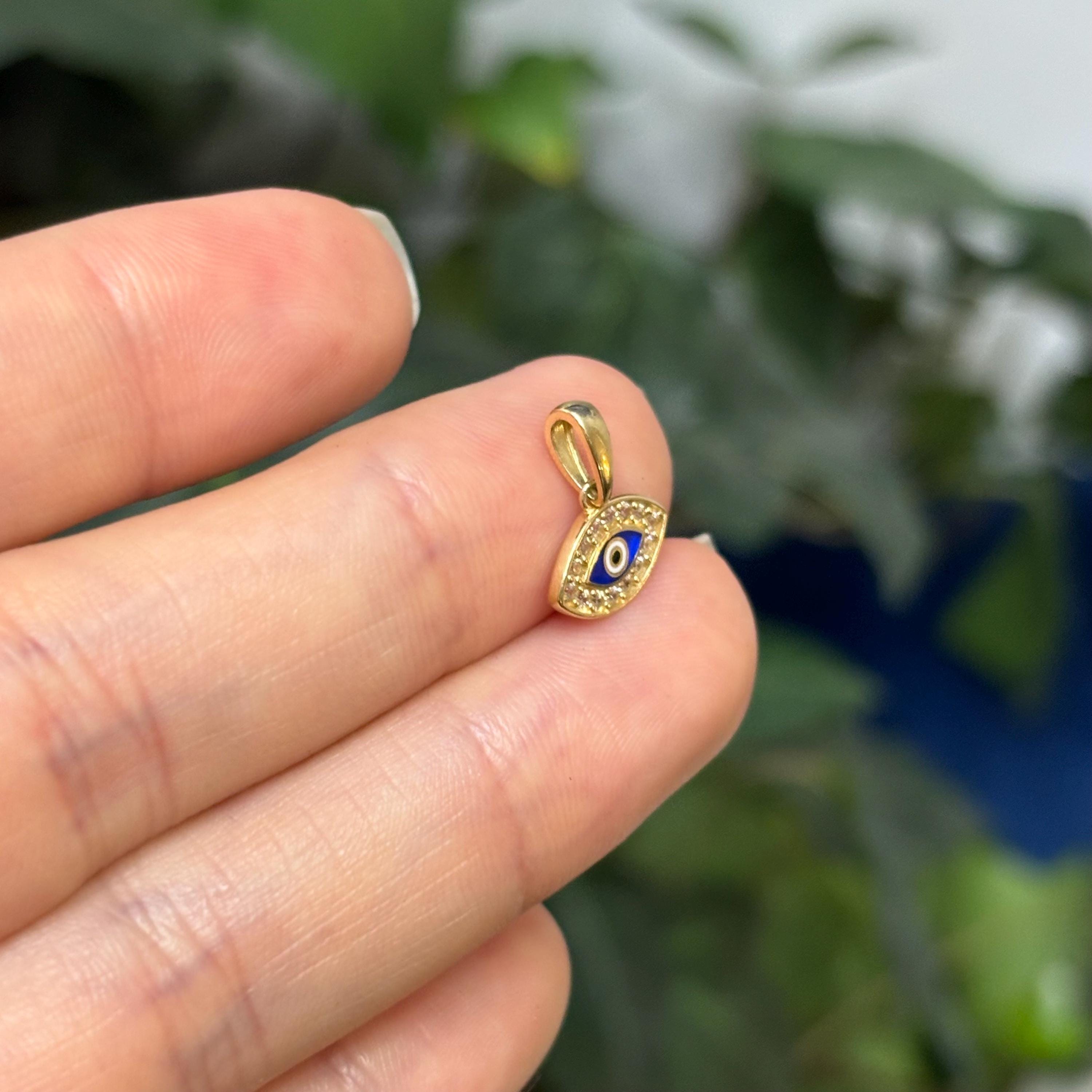 14K Yellow Gold with CZ Stones and Enamel Evil Eye Detailed Pendant Small