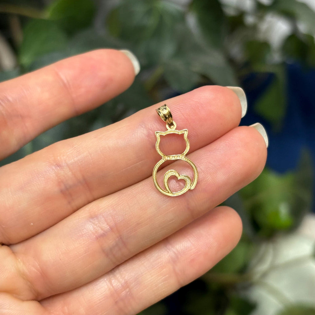 14K Yellow Gold Cut Out Cat Kitten Detailed Charm Pendant with Heart