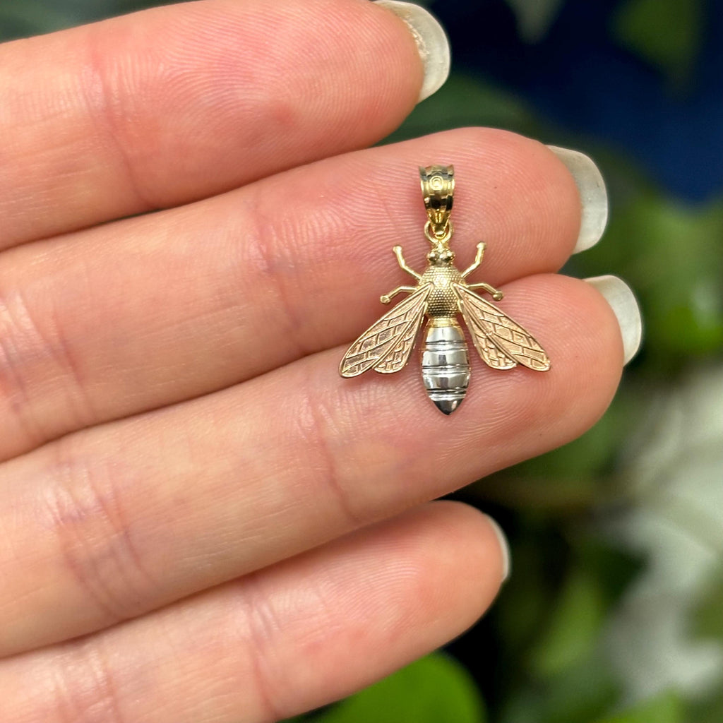 14K Yellow Gold Tri Color Bee Wasp Bug Detailed Charm Pendant