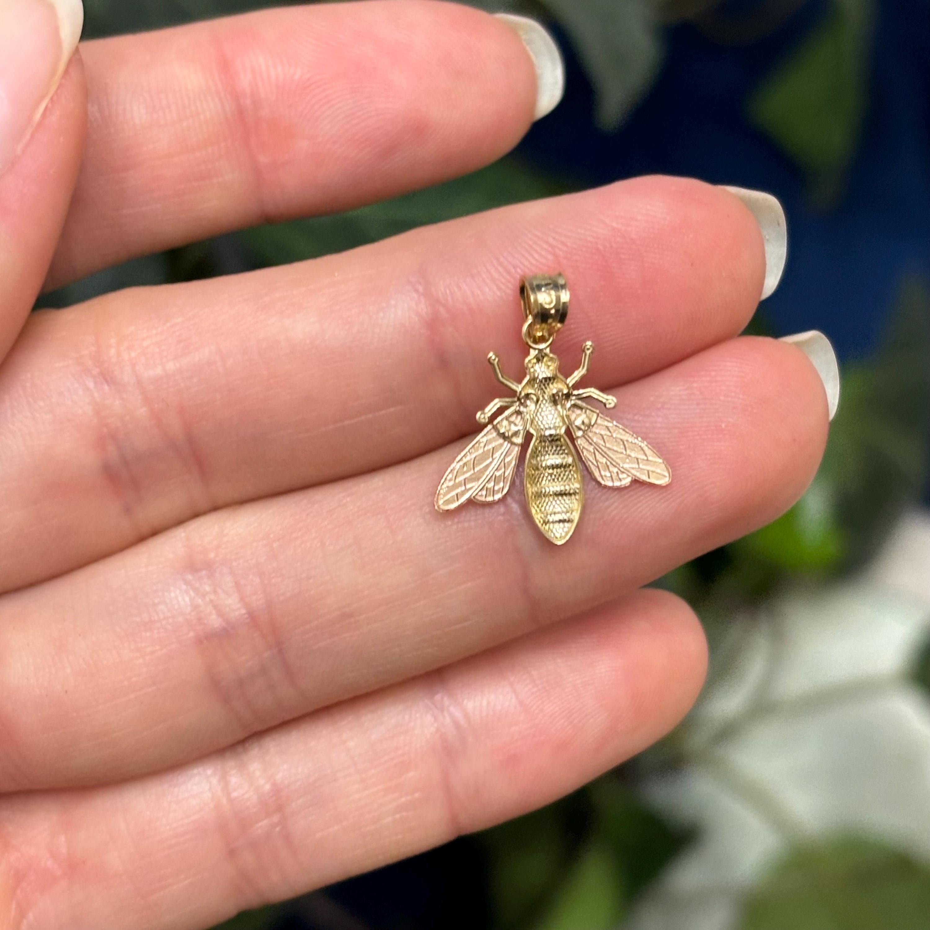14K Yellow Gold Tri Color Bee Wasp Bug Detailed Charm Pendant