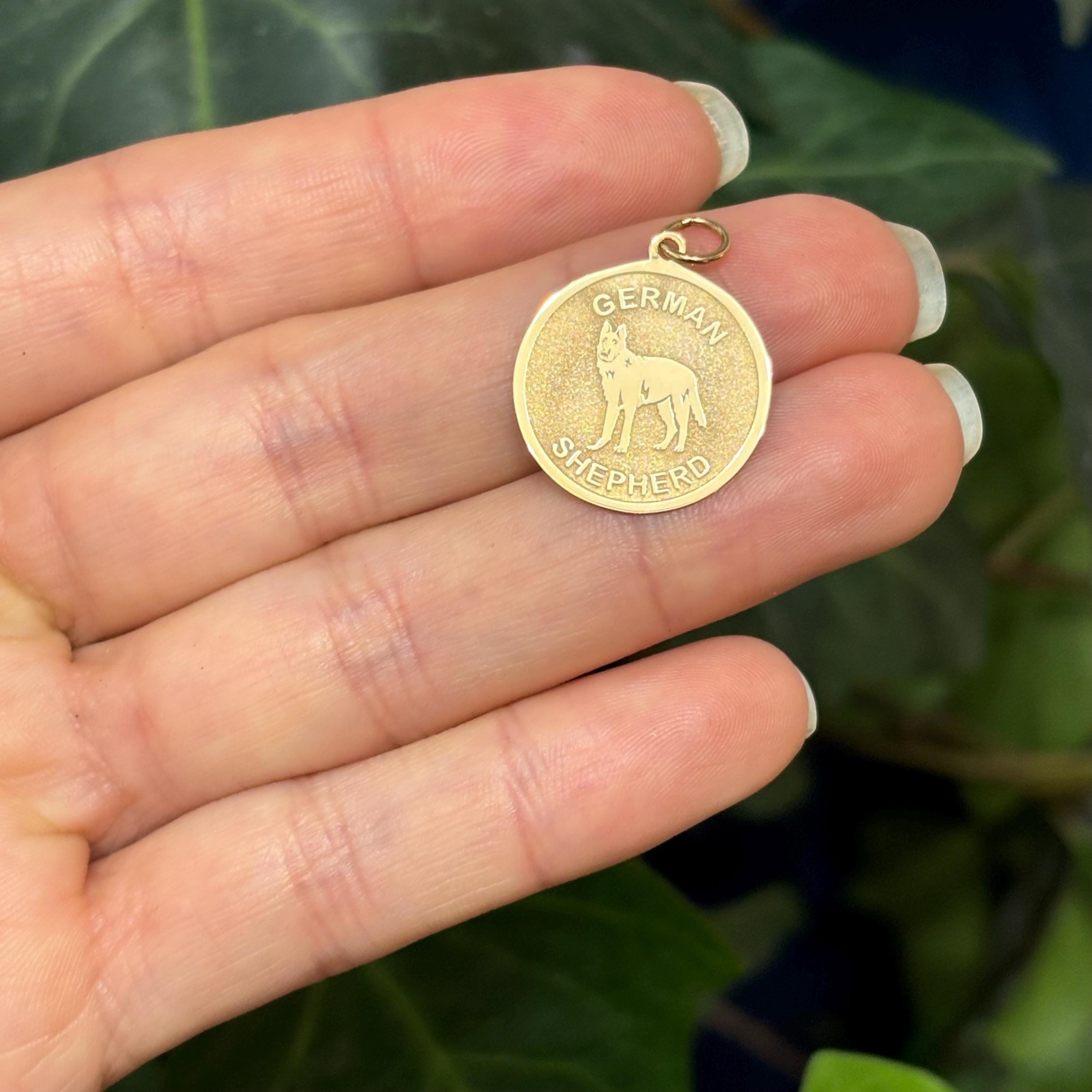 14K Yellow Gold German Shepard Shiny and Matte Detailed Charm Pendant