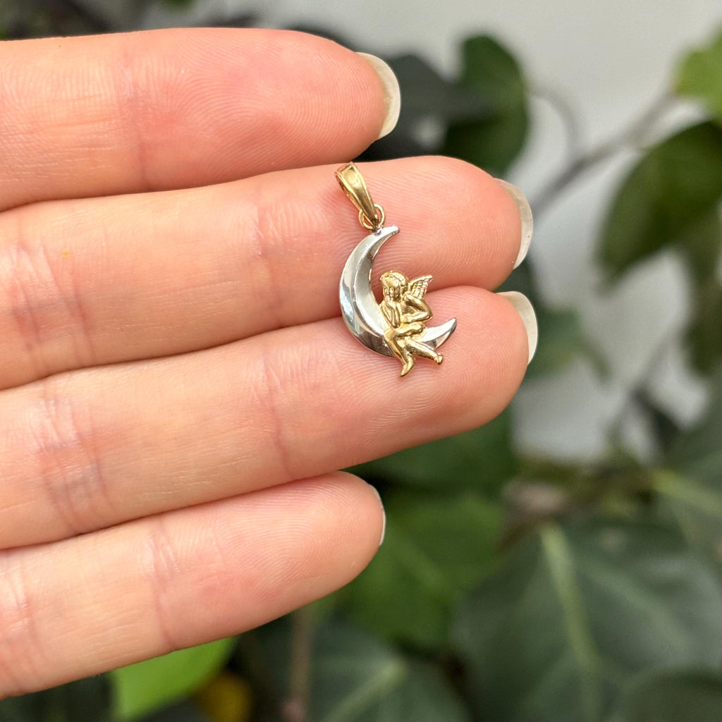 14k Gold Two-Tone Angel and Moon Charm Pendant