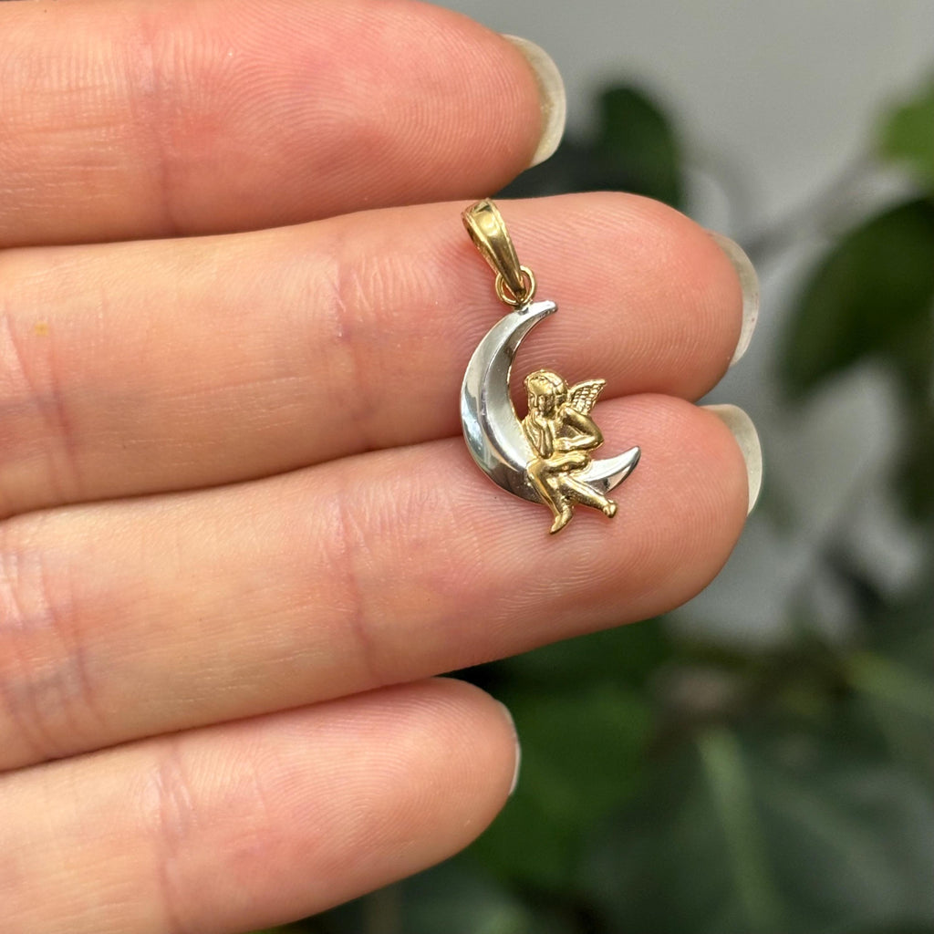 14k Gold Two-Tone Angel and Moon Charm Pendant