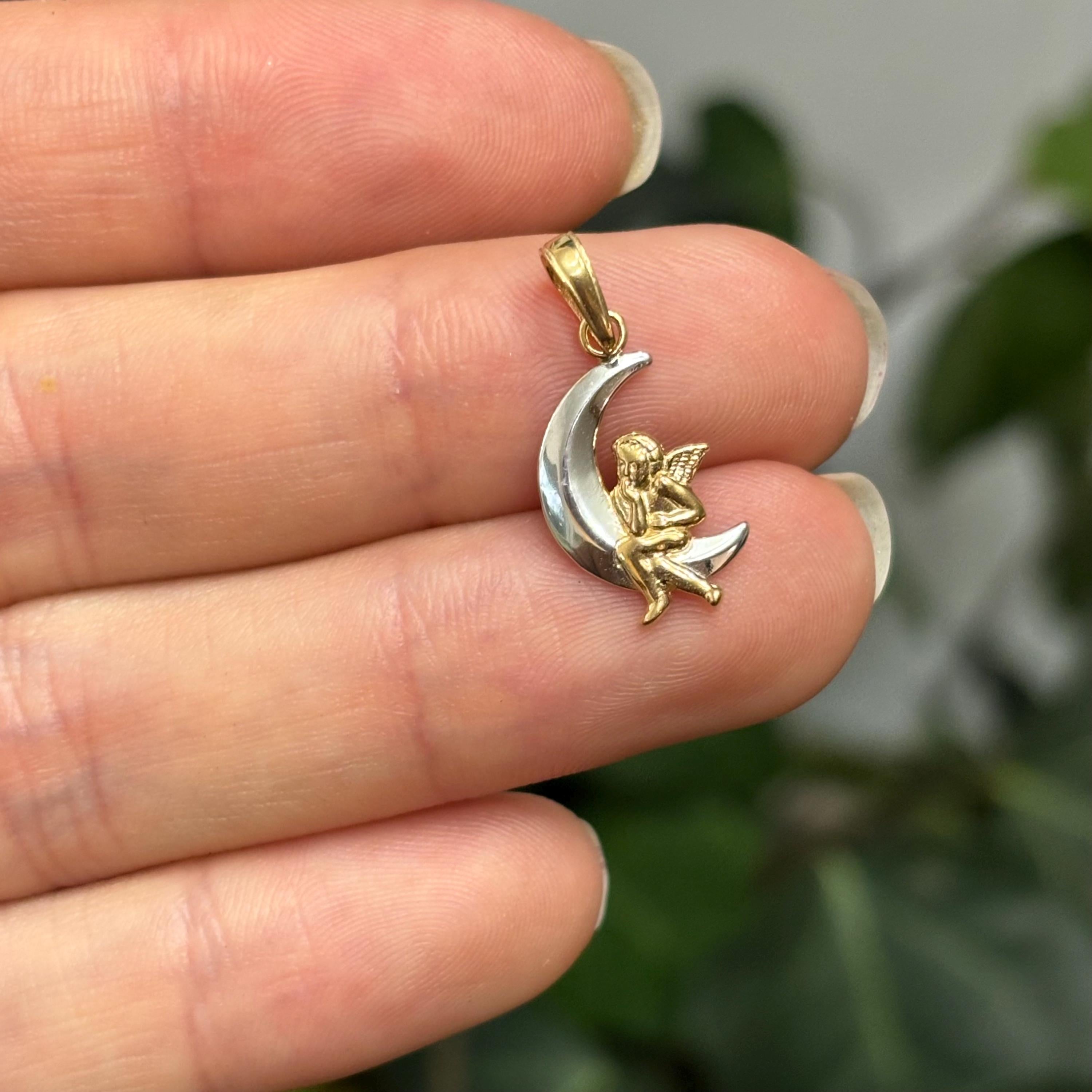 14k Gold Two-Tone Angel and Moon Charm Pendant