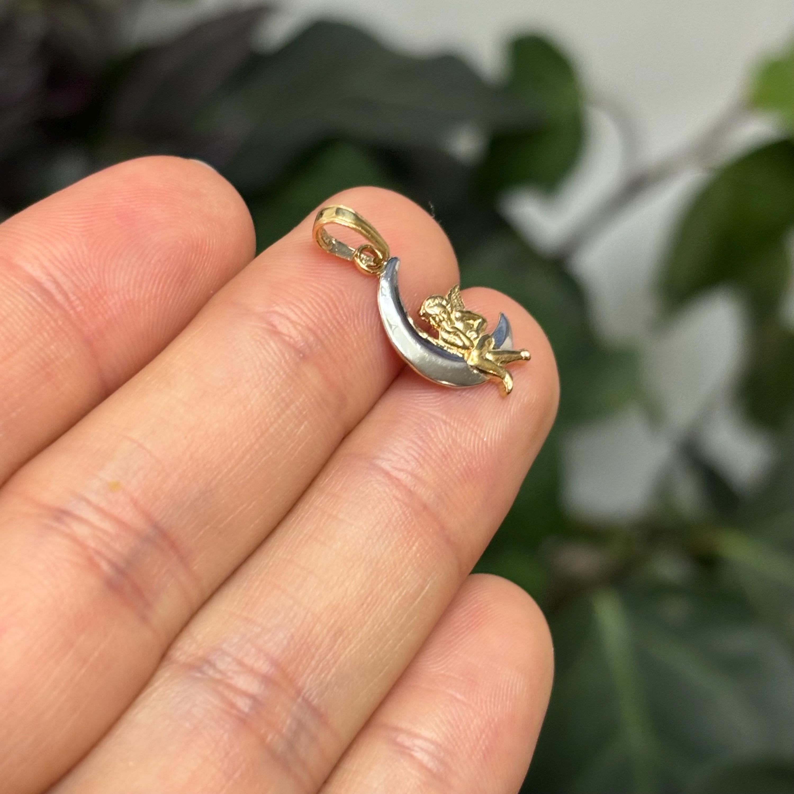 14k Gold Two-Tone Angel and Moon Charm Pendant