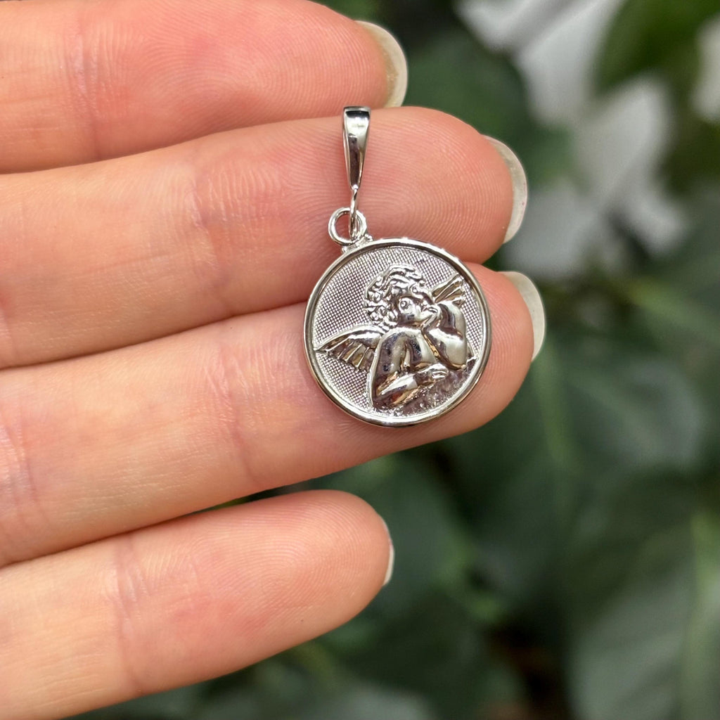 14k White Gold Raphael Baby Angel Round Charm Pendant