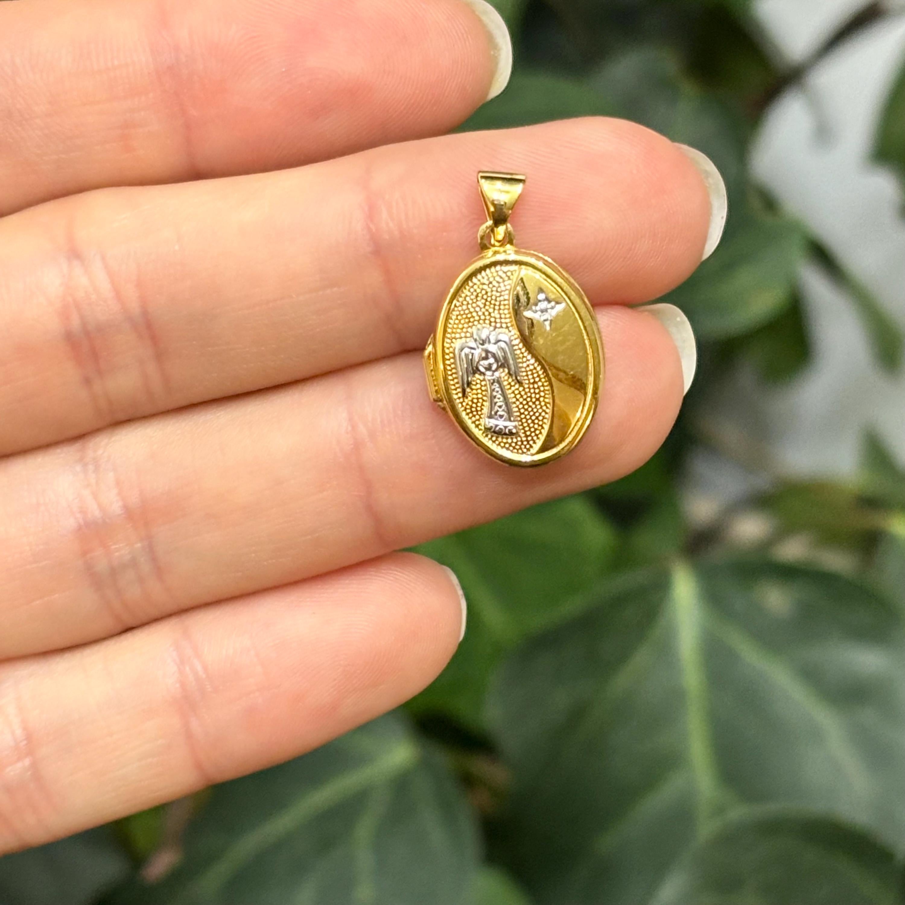14k Gold Two-Tone Guardian Angel Oval Locket Pendant