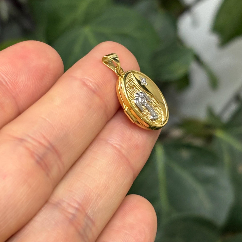 14k Gold Two-Tone Guardian Angel Oval Locket Pendant