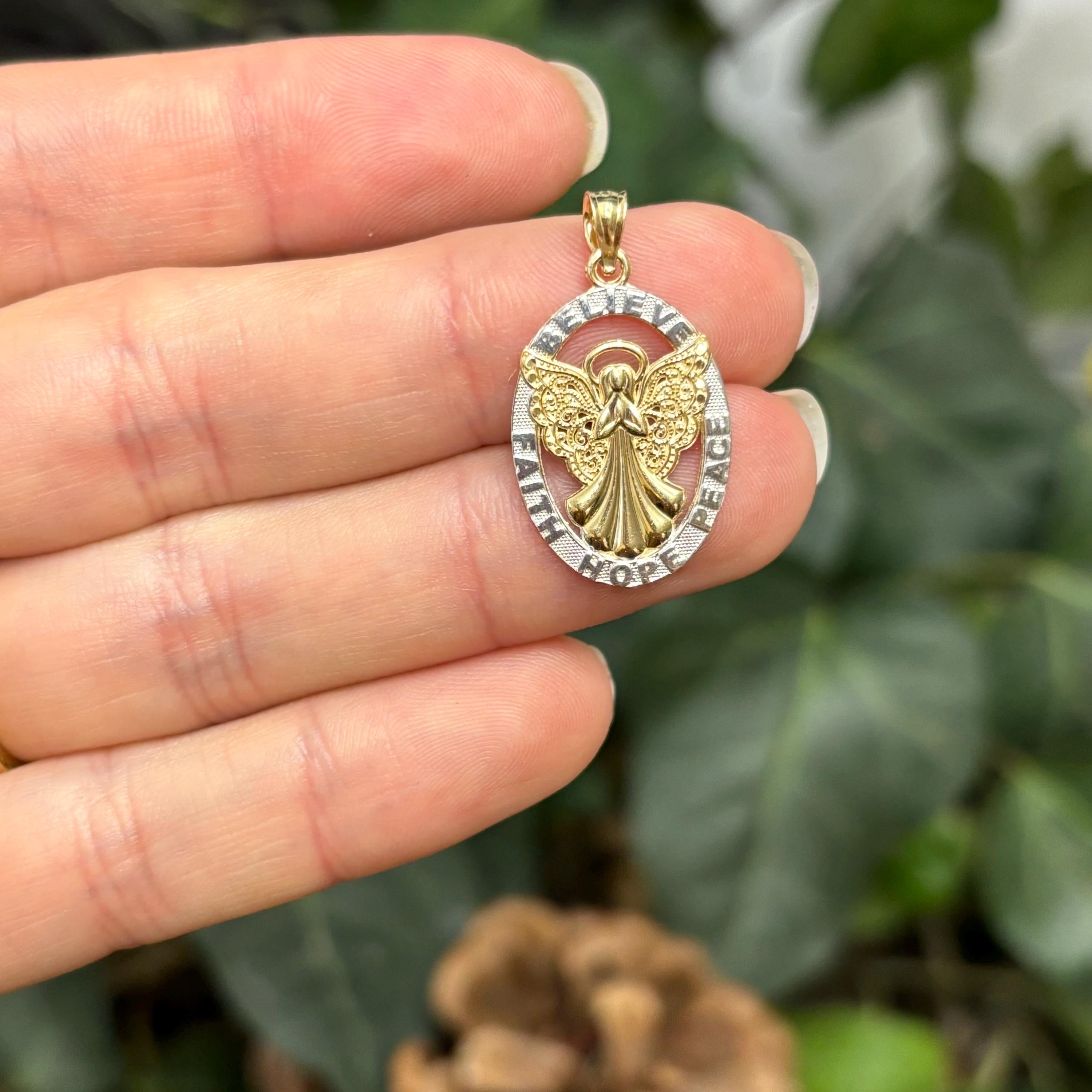 14k Gold Two-Tone Angel Believe Peace Hope Faith Oval Pendant