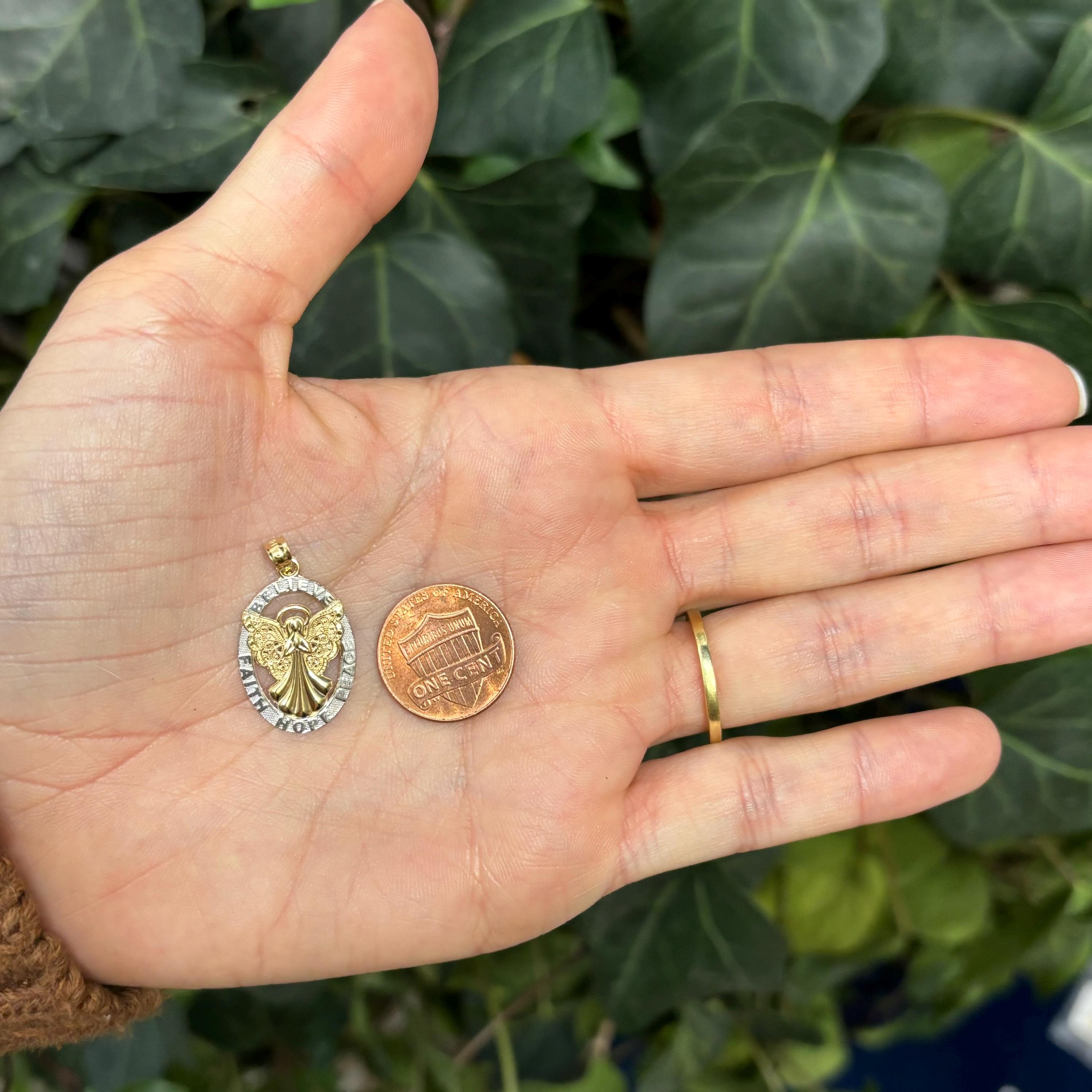 14k Gold Two-Tone Angel Believe Peace Hope Faith Oval Pendant