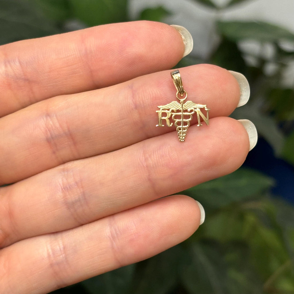 14K Yellow Gold RN Caduceus Nurse Detailed Charm Pendant