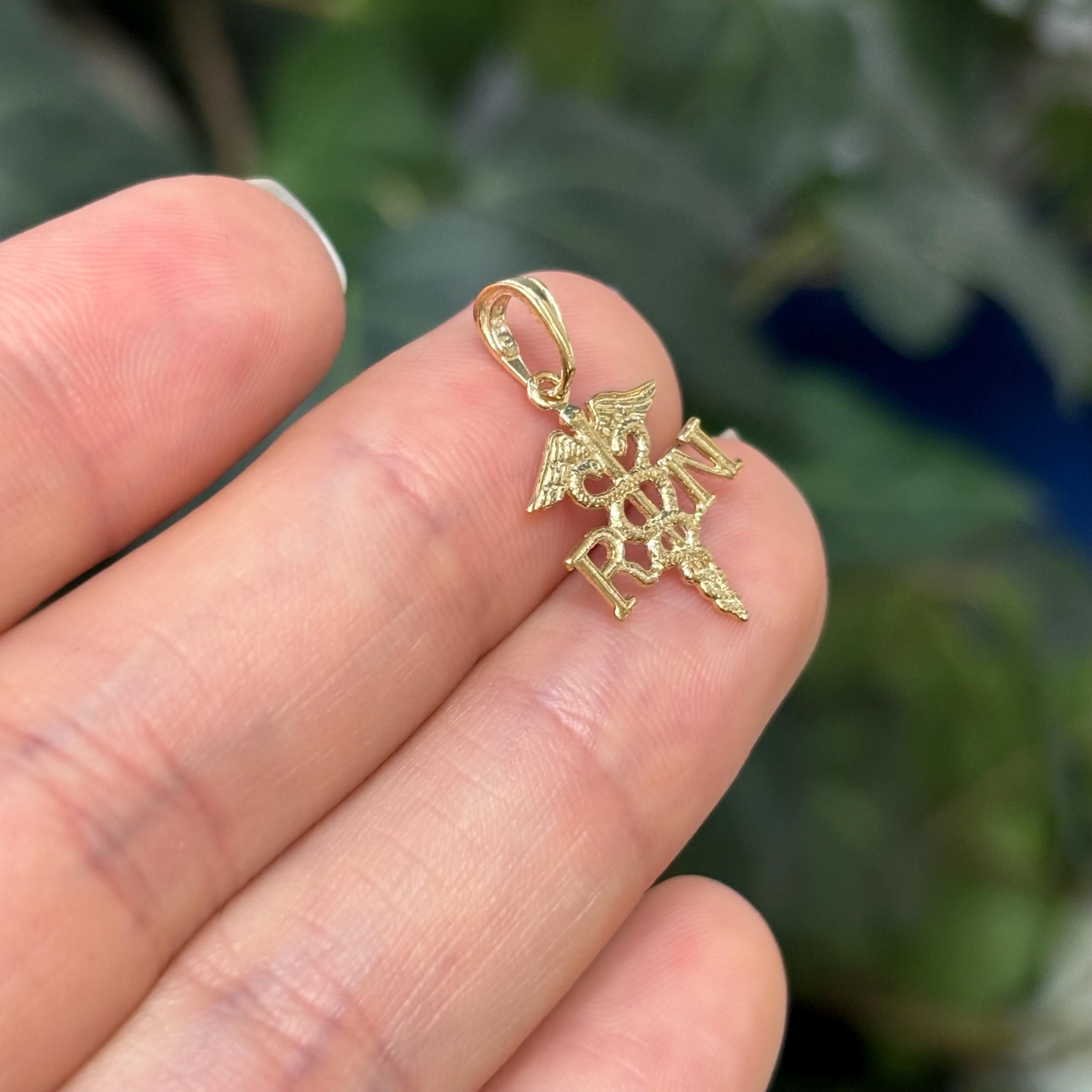 10K Yellow Gold RN Caduceus Nurse Detailed Charm Pendant
