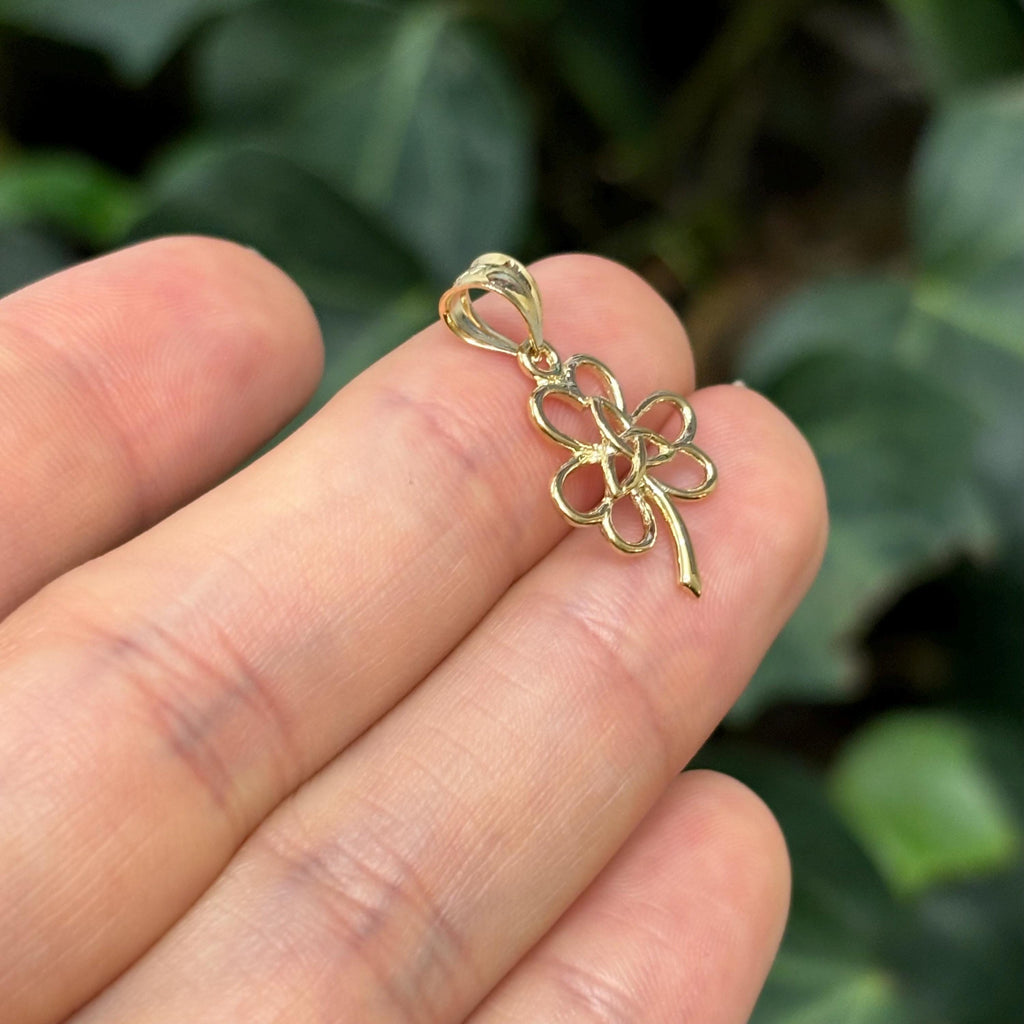 14K Yellow Gold Irish 3 Leaf Clover Shamrock Trinity Design Detailed Charm Pendant