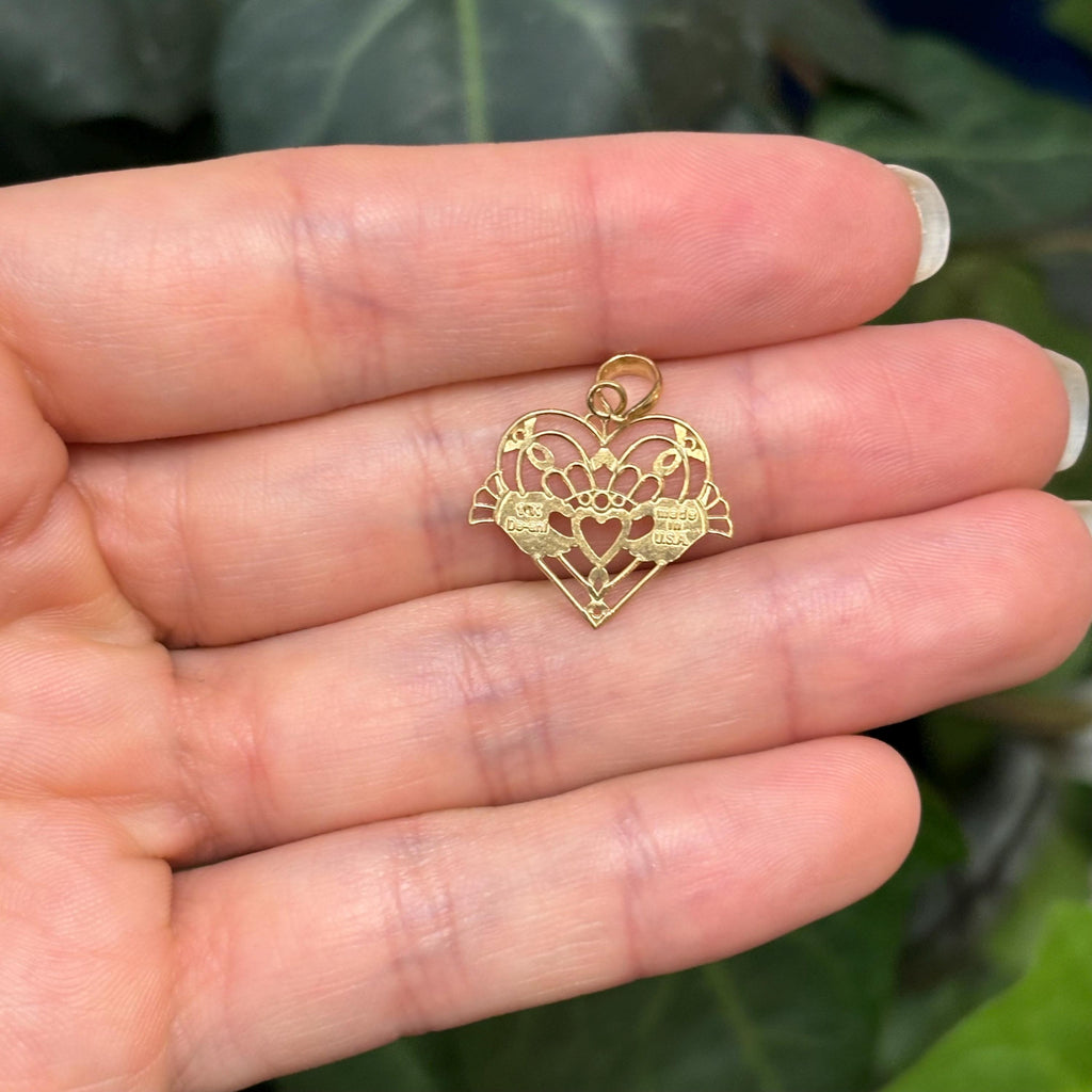10K Yellow Gold Irish Claddagh Heart Filigree Design Detailed Charm Pendant