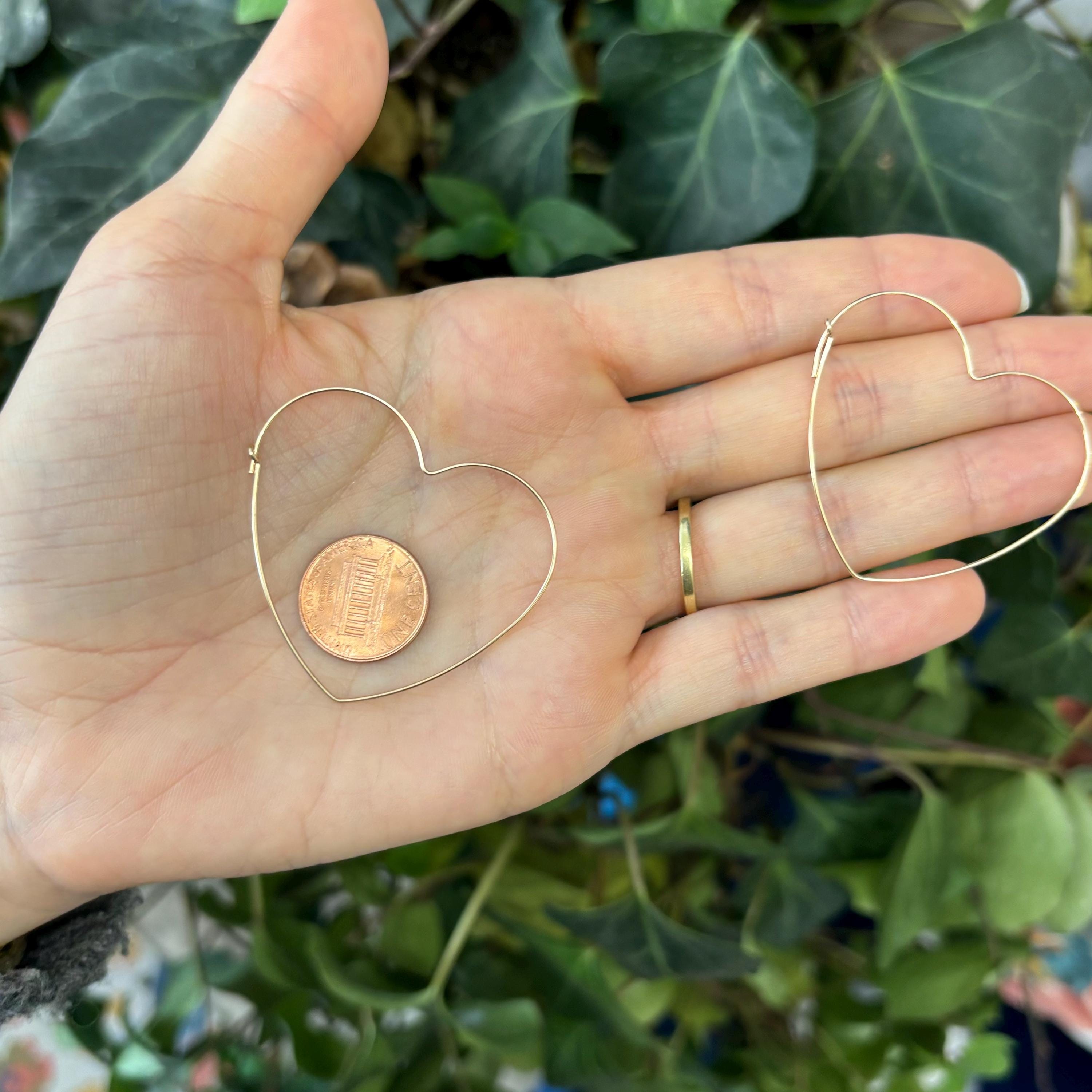 Yellow Gold-Filled Thin Heart Threader Hoop Earrings 40mm x 43mm