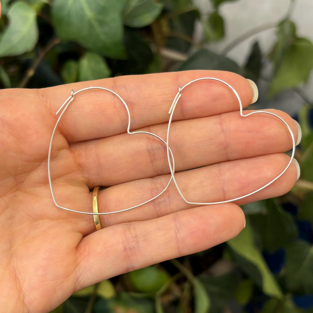 Sterling Silver Thin Heart Threader Hoop Earrings 40mm x 43mm