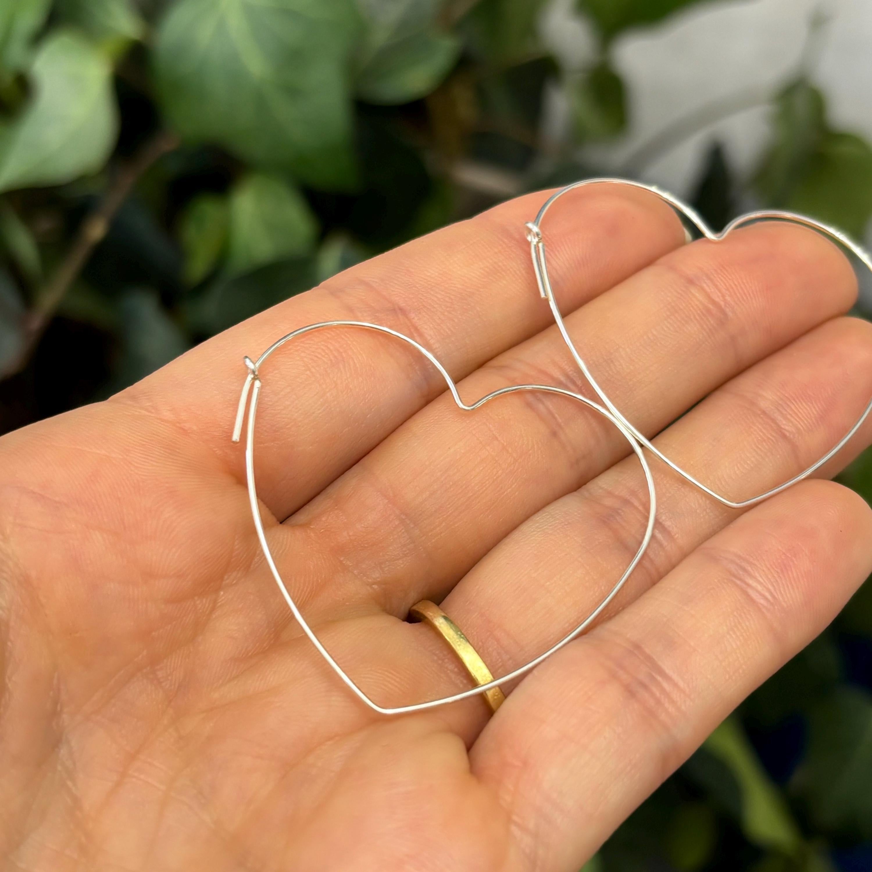 Sterling Silver Thin Heart Threader Hoop Earrings 40mm x 43mm
