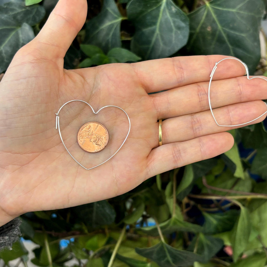 Sterling Silver Thin Heart Threader Hoop Earrings 40mm x 43mm