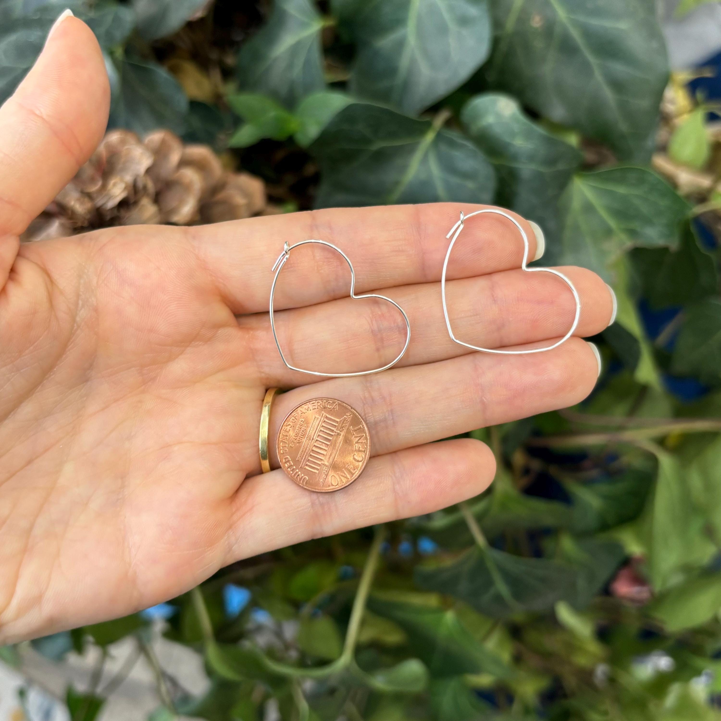Sterling Silver Thin Heart Threader Hoop Earrings 30mm x 27mm