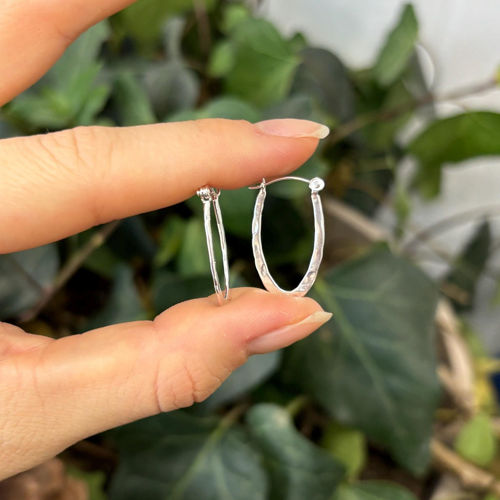 Sterling Silver Hammered Oval Hoop Earrings 11mm x 14mm