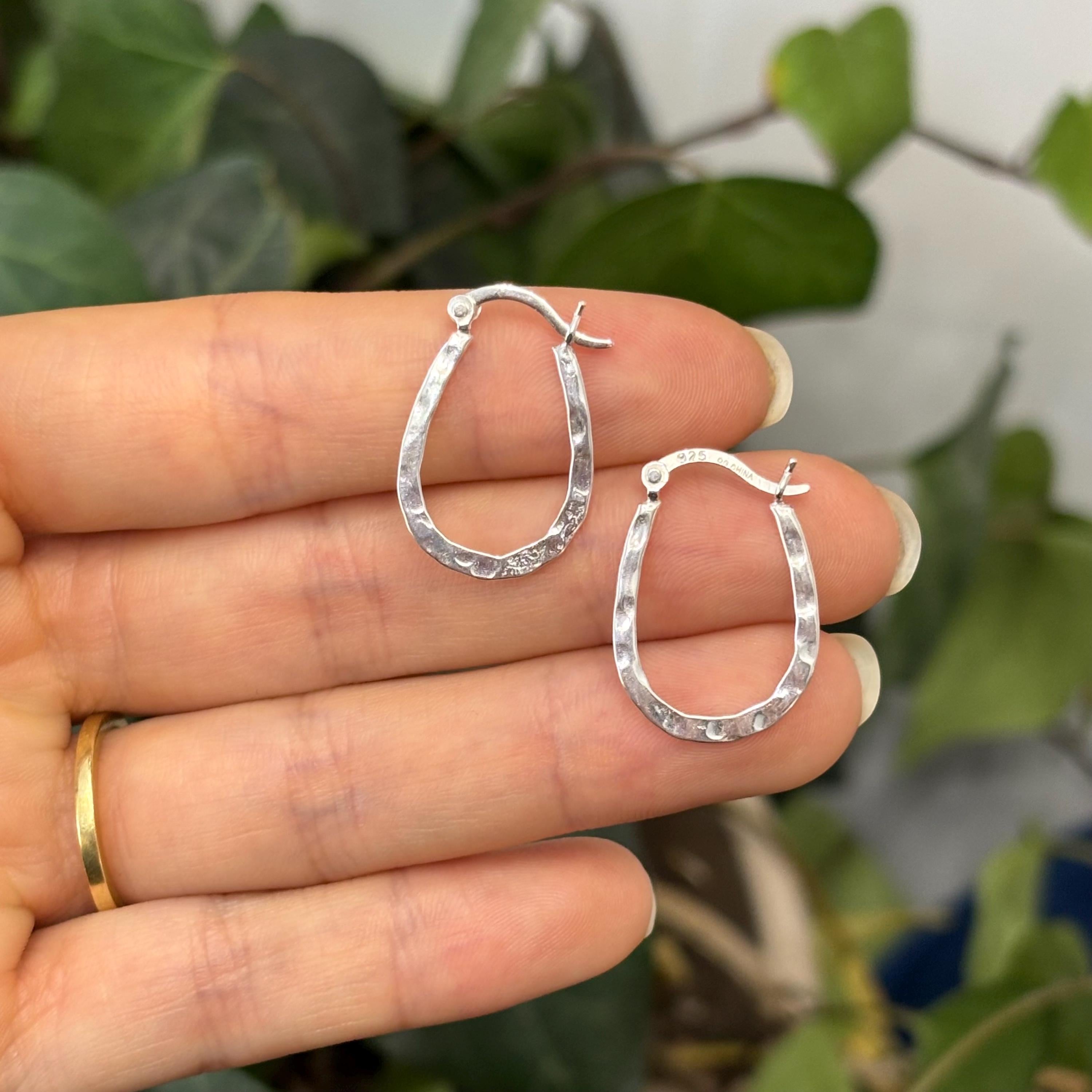 Sterling Silver Hammered Oval Hoop Earrings 20mm x 14mm