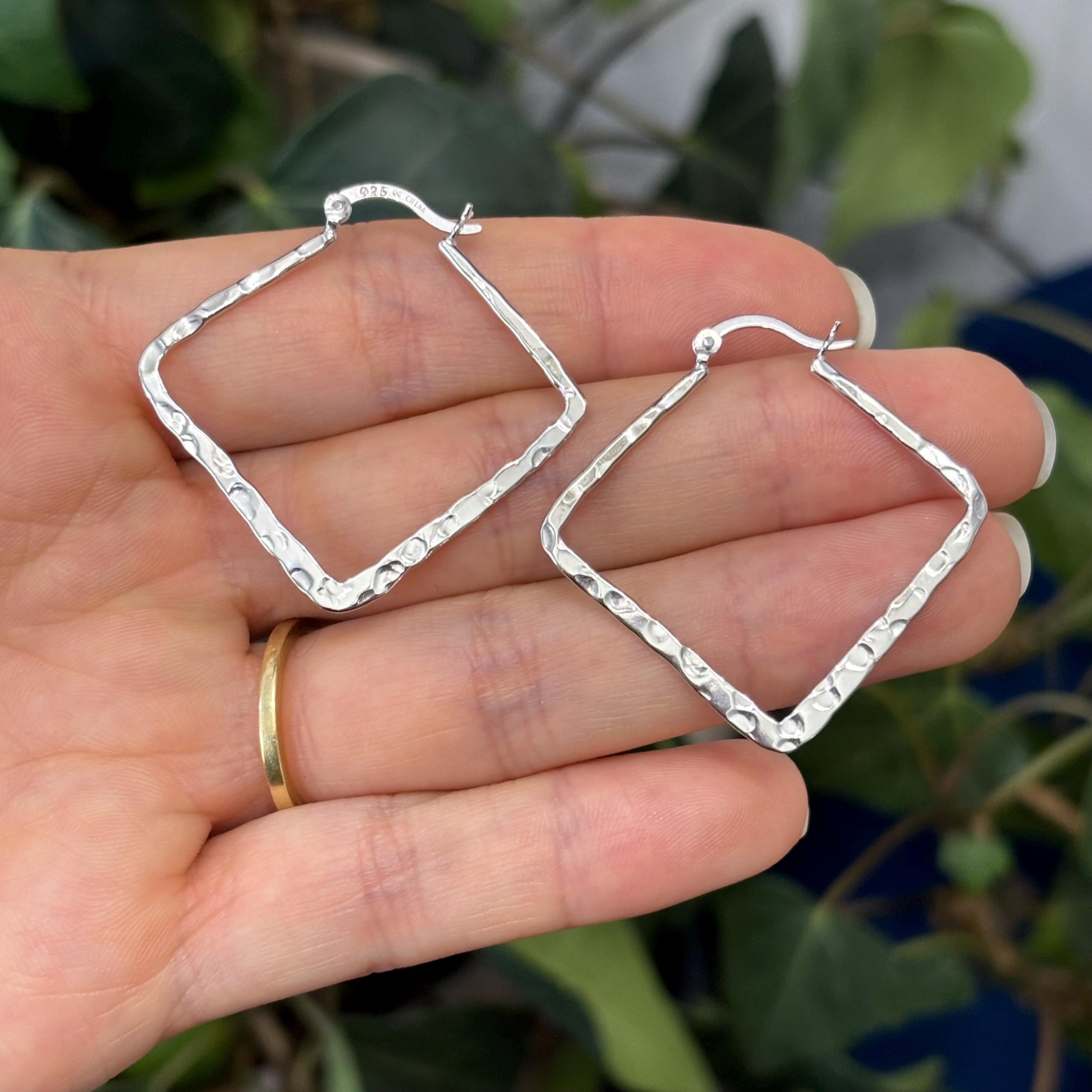 Sterling Silver Hammered Square Hoop Earrings 33mm x 37mm