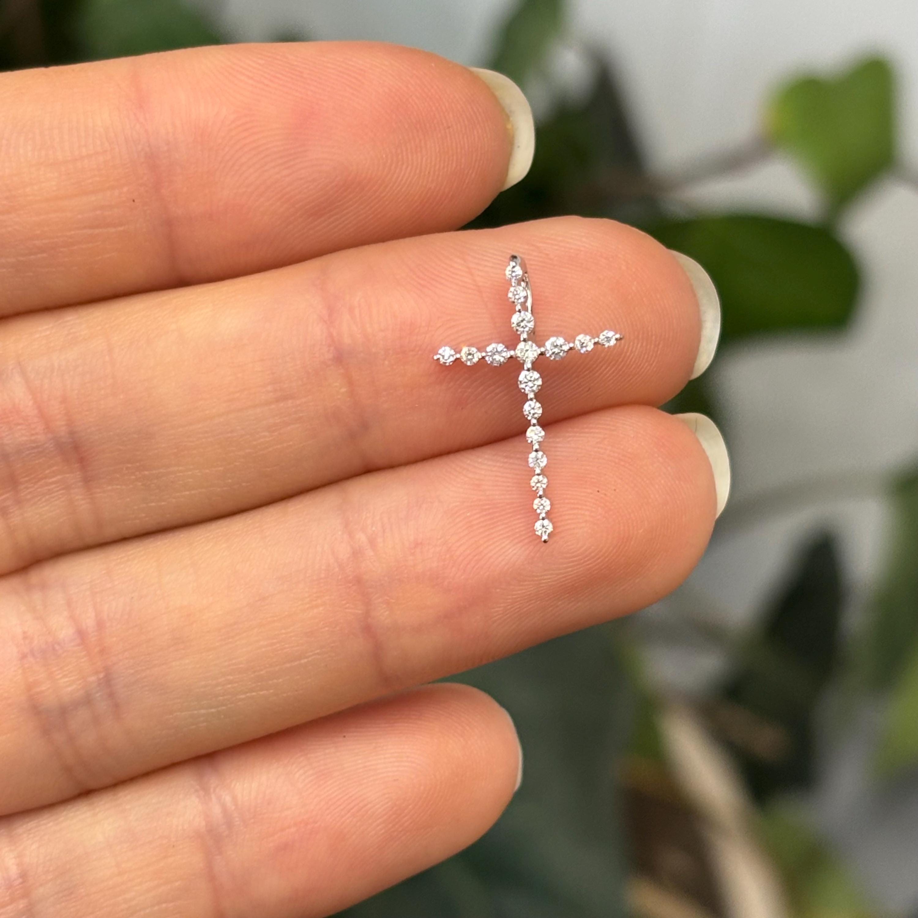 14k White Gold 1/6 Carat Lab Diamond Minimal Cross Pendant Slide