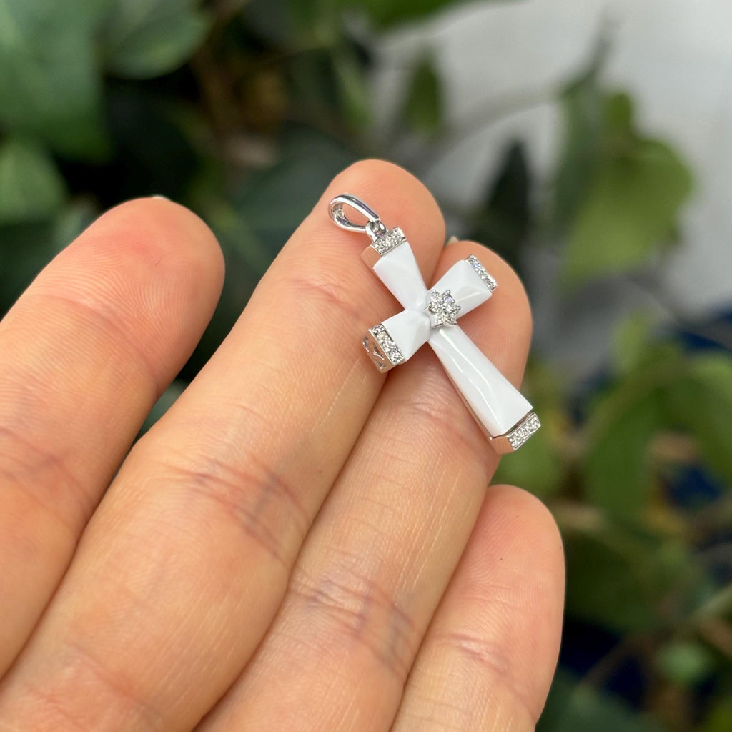 14k White Gold White Agate and Diamond Cross Pendant
