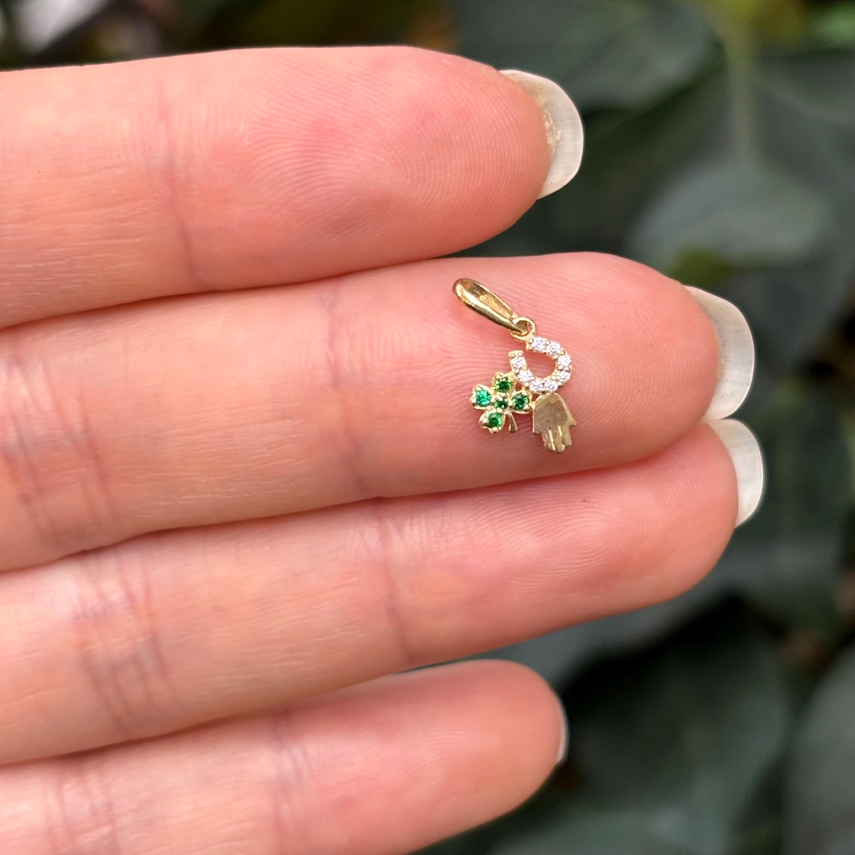 10k Yellow Gold Irish 3 Charm Clover Shamrock Horseshoe Hamsa Design Detailed Charm Pendant
