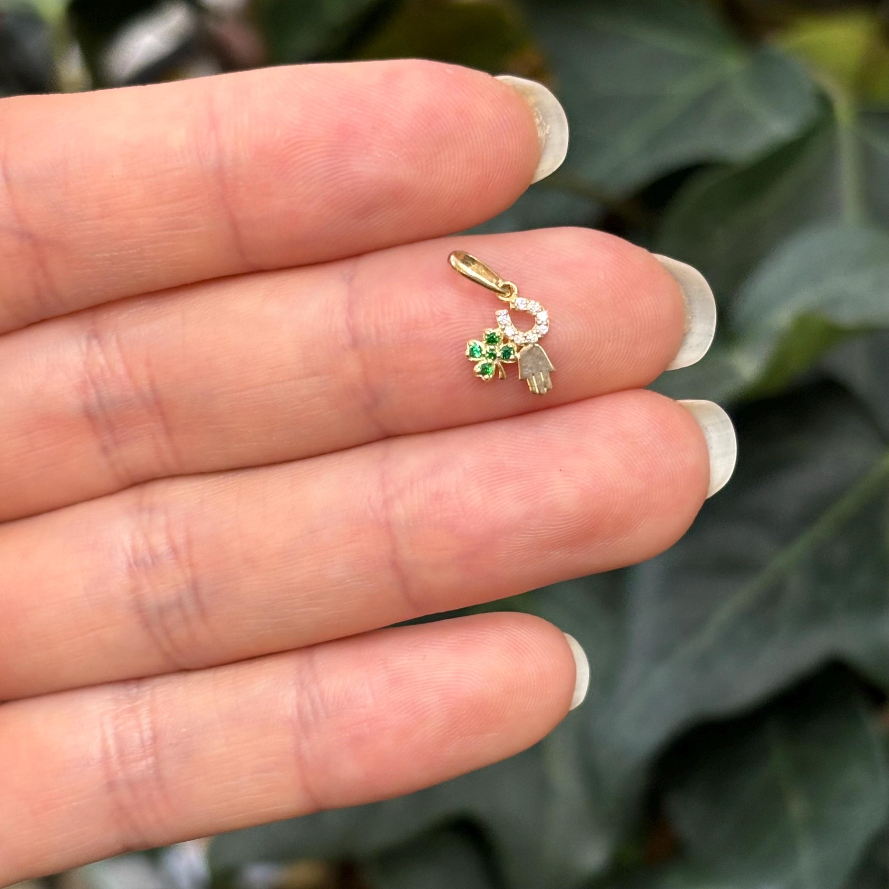 10k Yellow Gold Irish 3 Charm Clover Shamrock Horseshoe Hamsa Design Detailed Charm Pendant