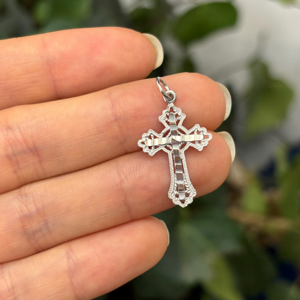 10k White Gold Diamond-Cut Cross Charm Pendant