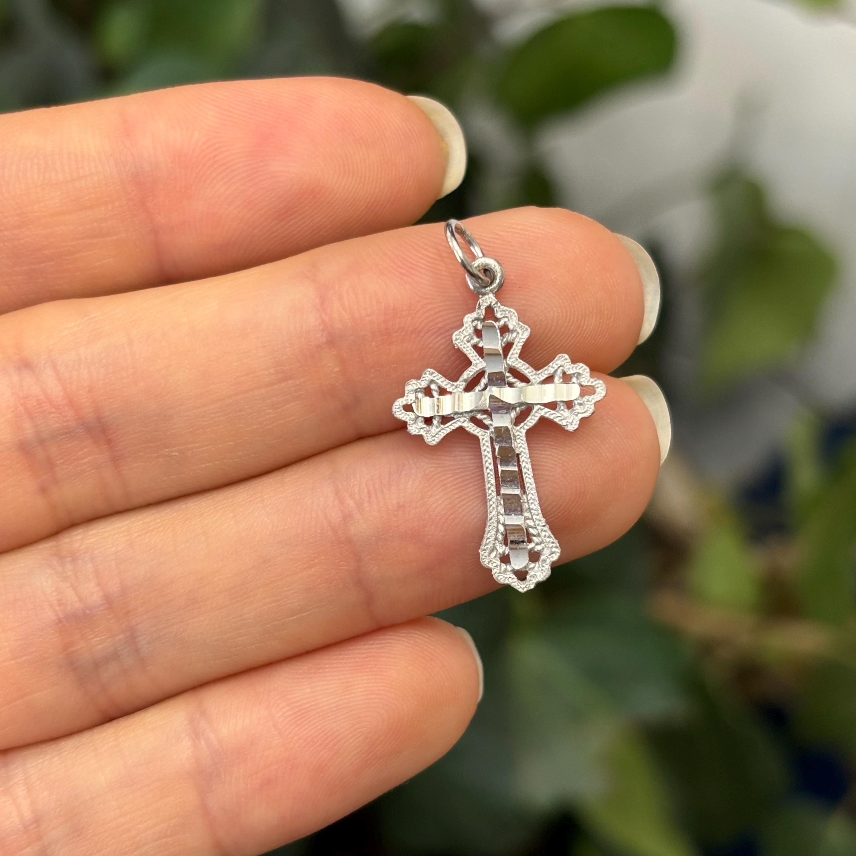 10k White Gold Diamond-Cut Cross Charm Pendant