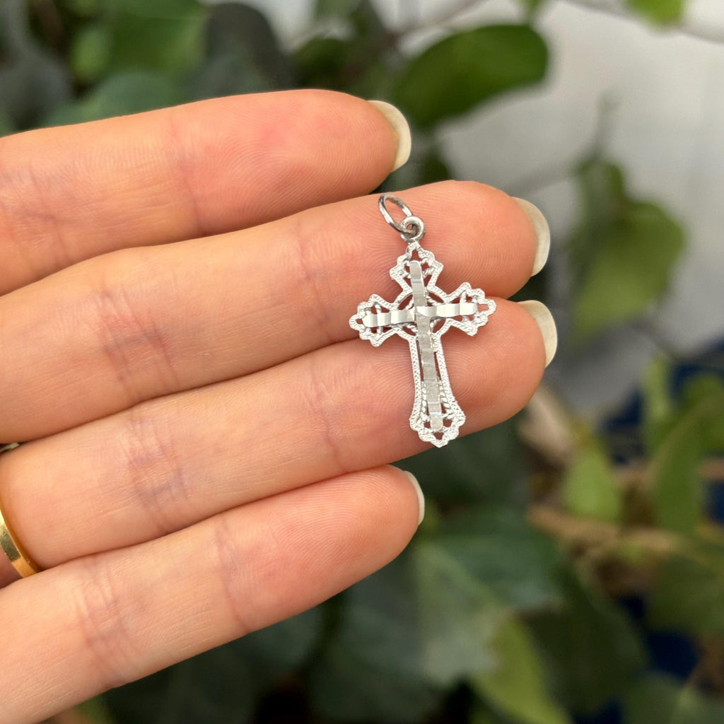 10k White Gold Diamond-Cut Cross Charm Pendant