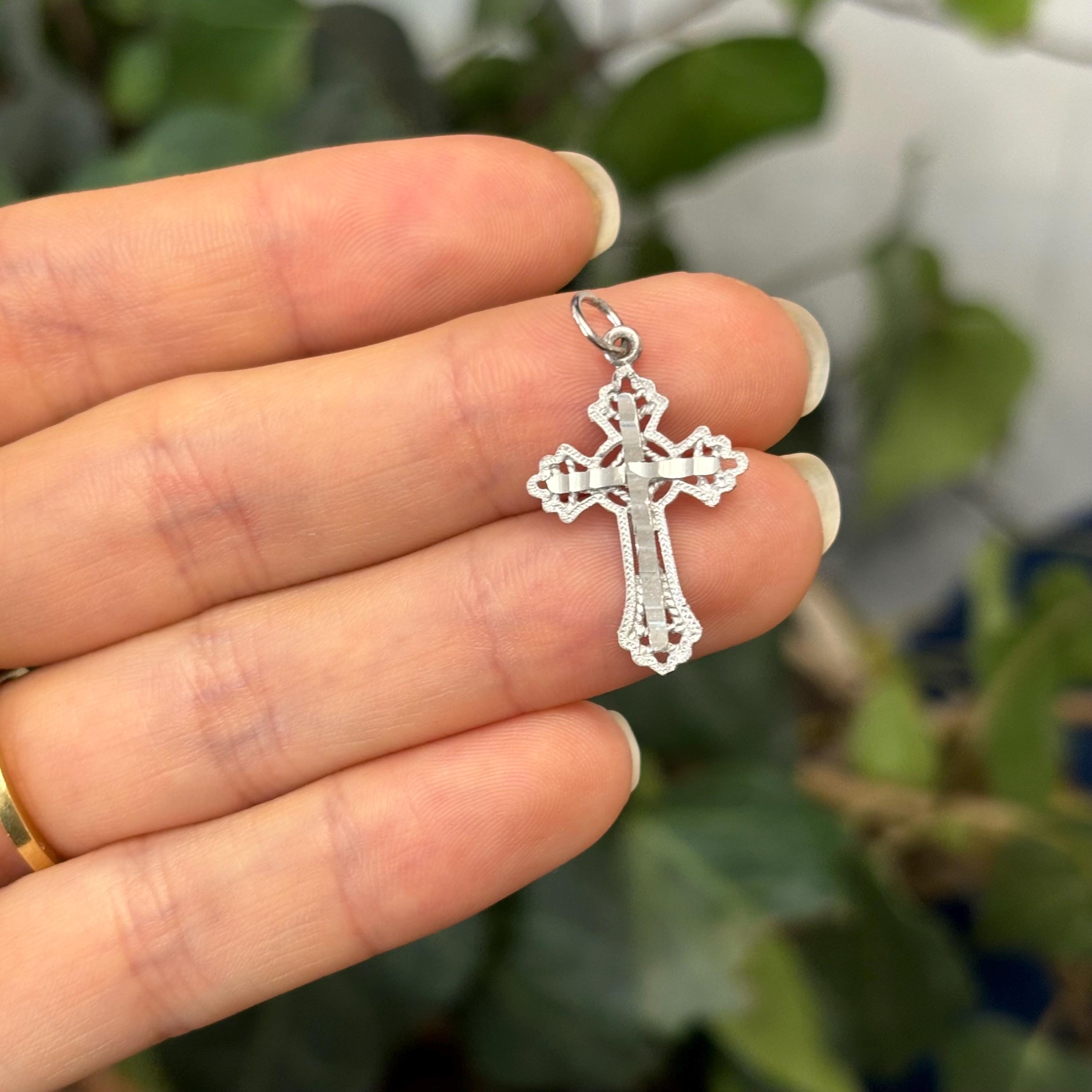 10k White Gold Diamond-Cut Cross Charm Pendant