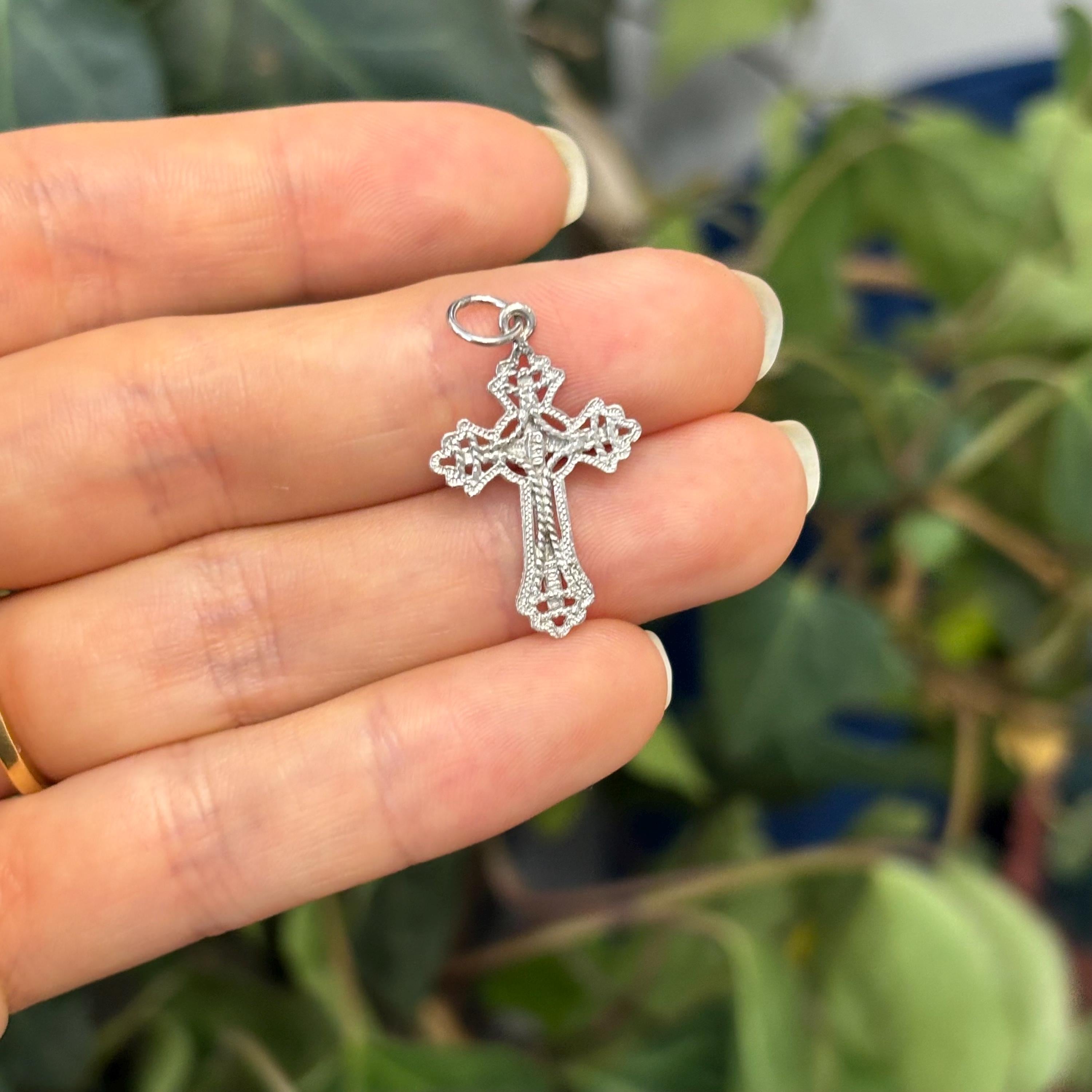 10k White Gold Diamond-Cut Cross Charm Pendant