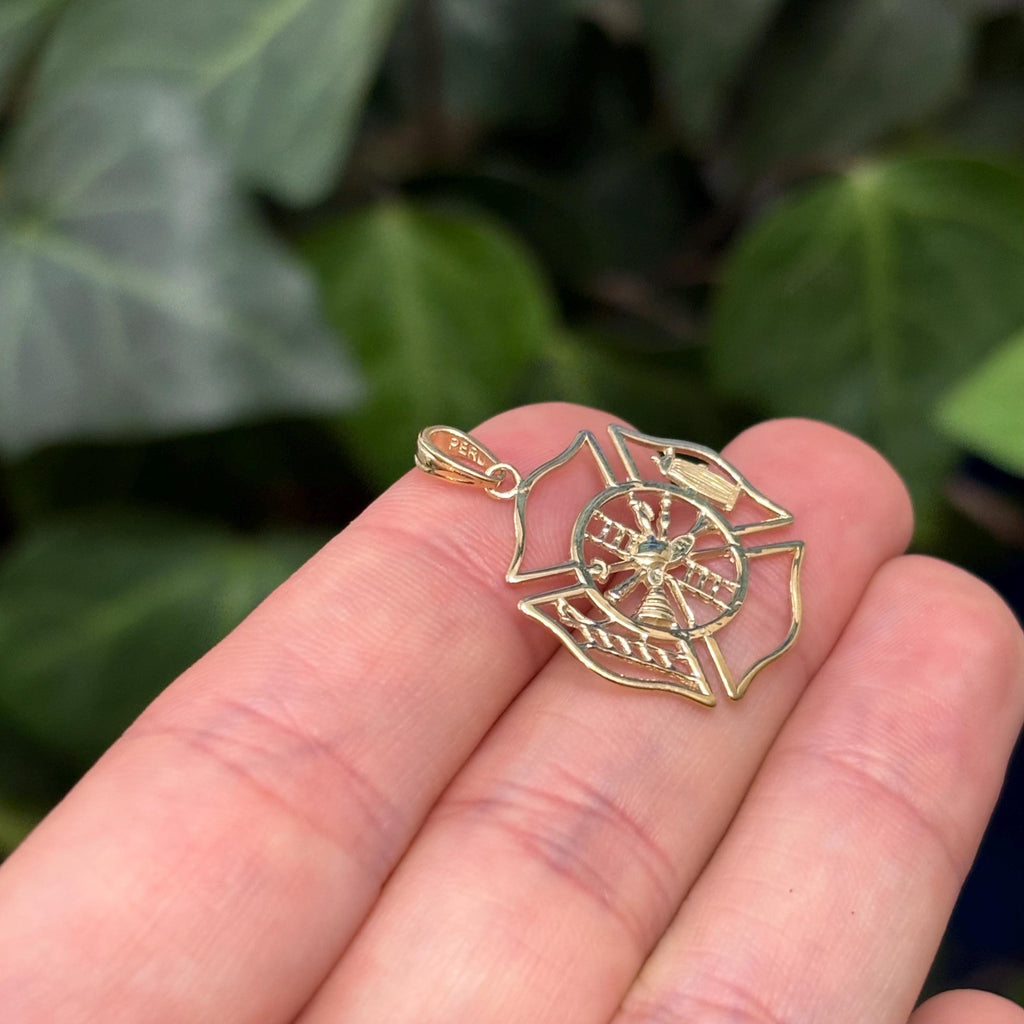 14K Yellow Gold Firefighter Shield Badge Medal Pendant