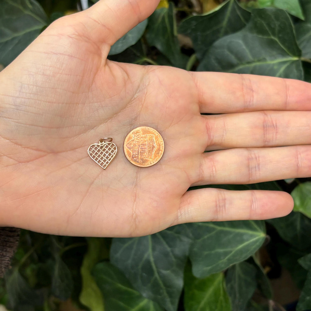 10K Rose Gold Heart Basketweave Design Detailed Charm Pendant Small