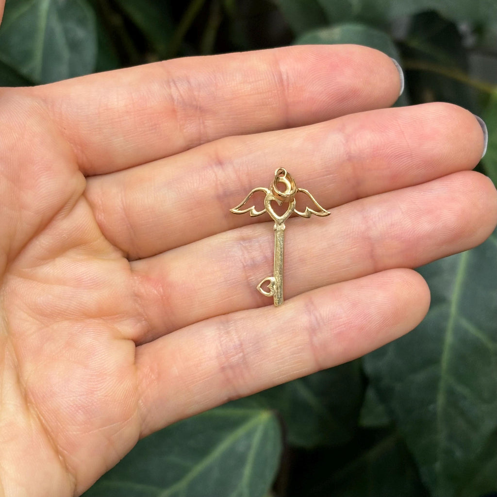 14K Gold Heart Key with Wings Charm Pendant Small Two Tone