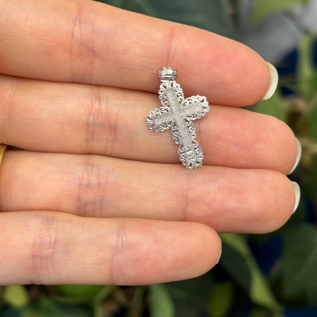 10k White Gold Lace Trim Cross Charm Pendant