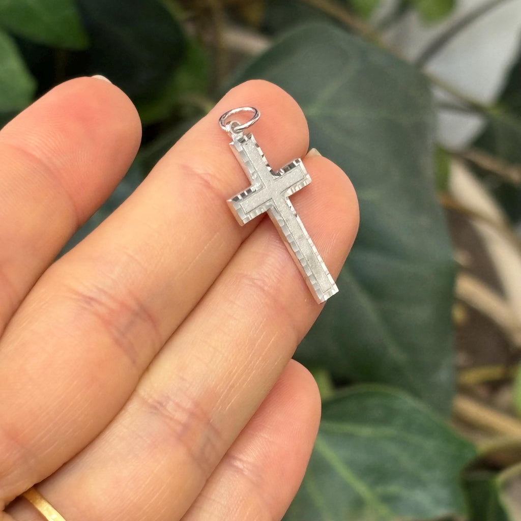 10k White Gold Matte Cross Charm Pendant Diamond-Cut Trim