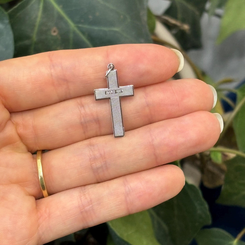 10k White Gold Matte Cross Charm Pendant Diamond-Cut Trim