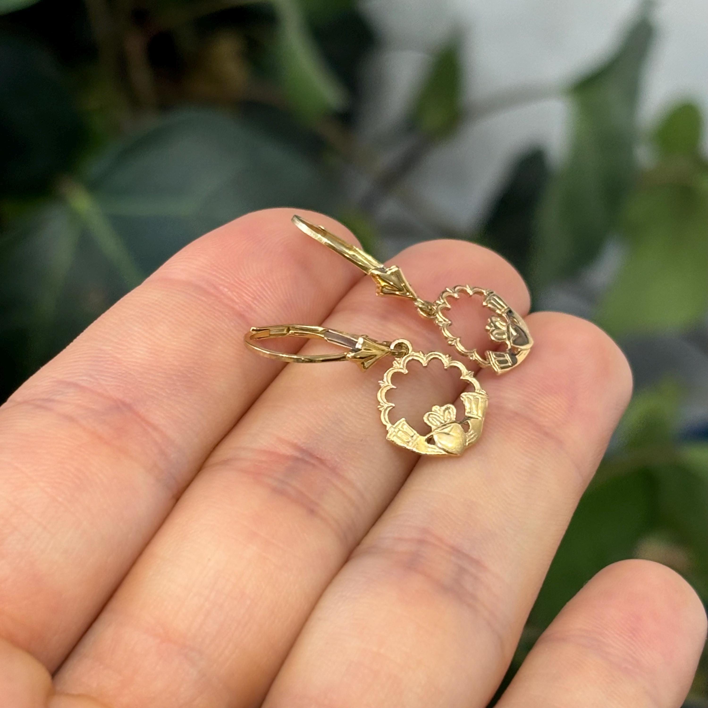 14k Gold Celtic Claddagh Charm Lever Back Earrings