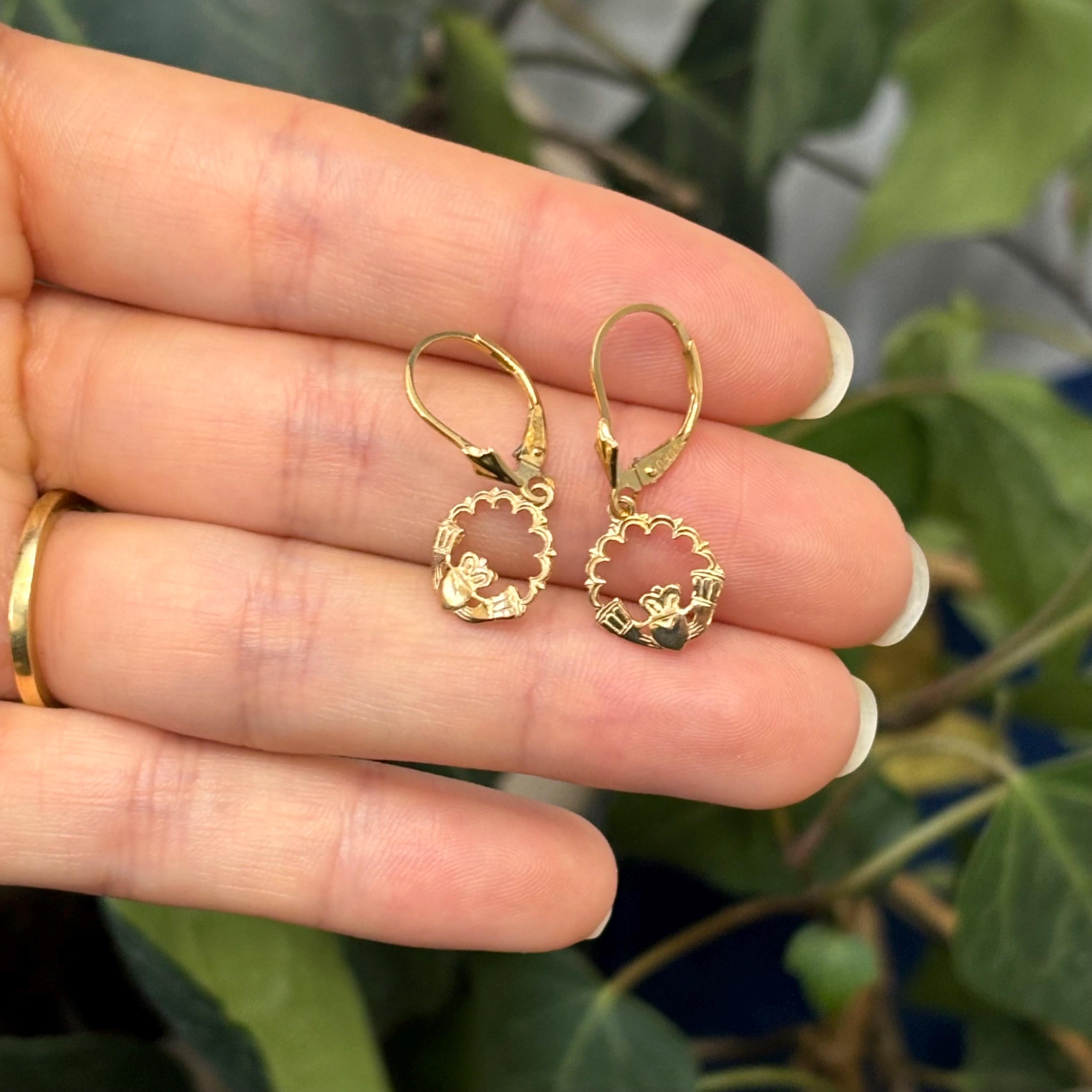 14k Gold Celtic Claddagh Charm Lever Back Earrings