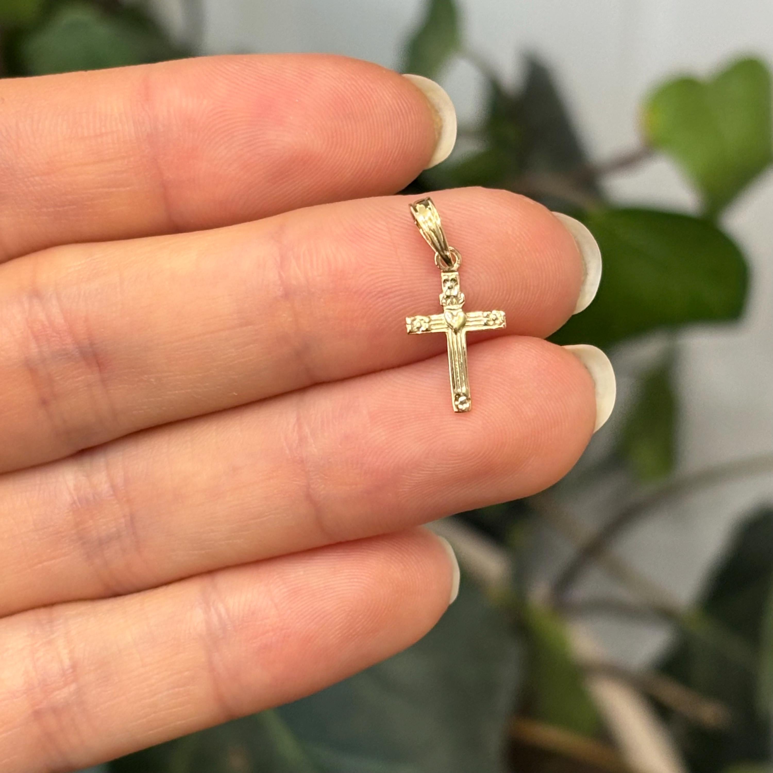 10k Gold Heart and Flower Cross Mini Charm Pendant