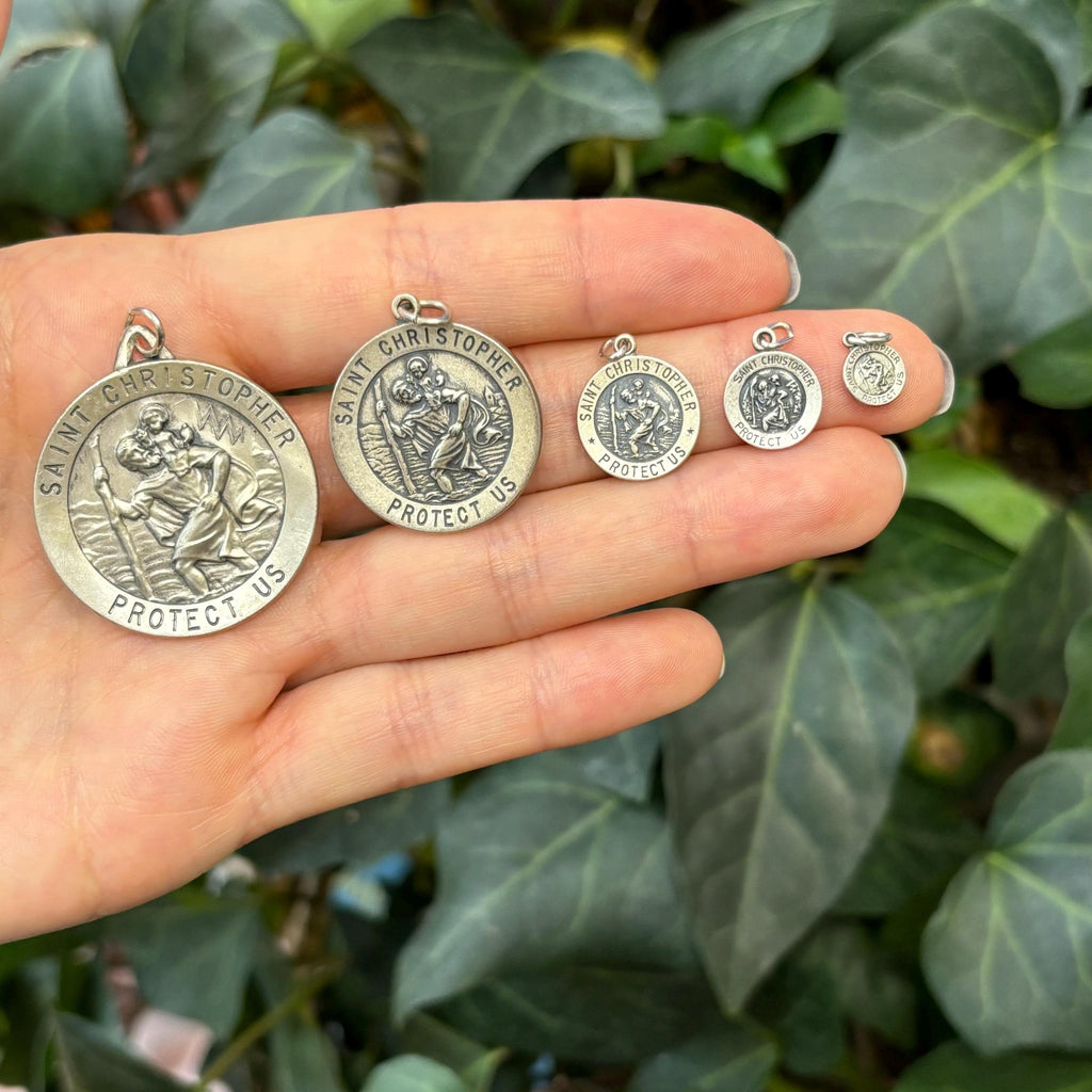 Sterling Silver St Christopher Round Antiqued Charm Pendant Choose Your Size