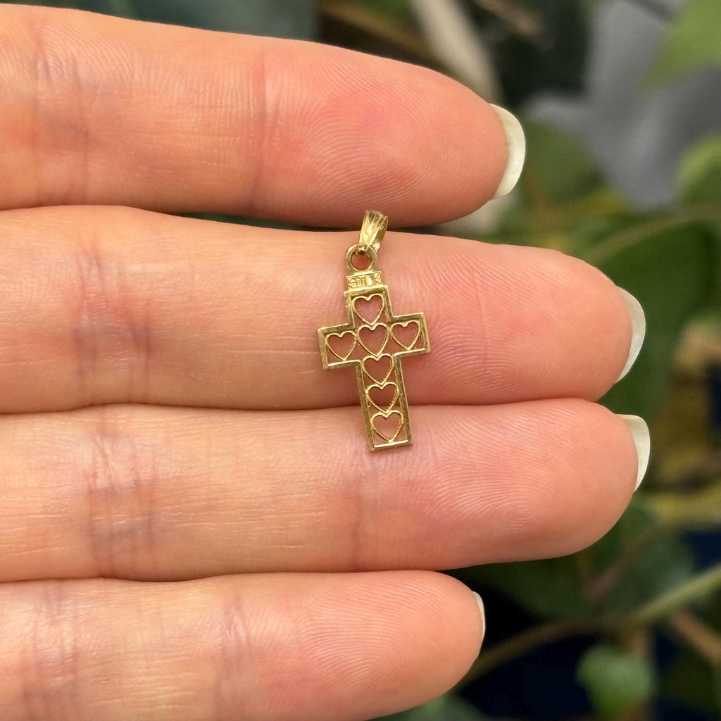 14K Gold Heart Cut-Out Cross Small Charm Pendant